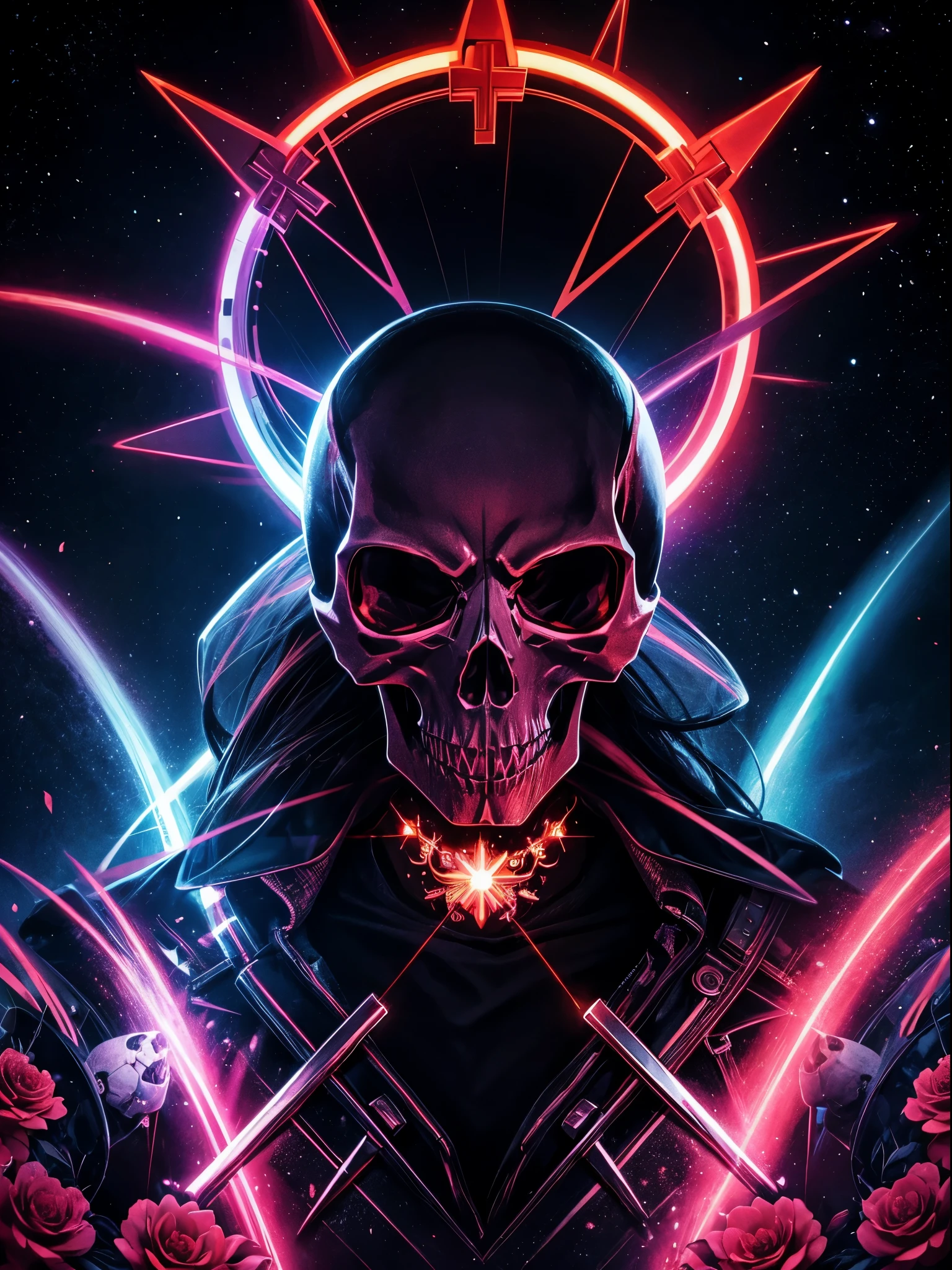 pixelated style,(glowing red,cross-shaped glow,blooming flowers)),interstellar misty background,polished,((silver skull)),light composition,rainbow,rainbow around the skull,vibrant,various structural power effect illustrations,glorious circular composition,alone,gbaportrait