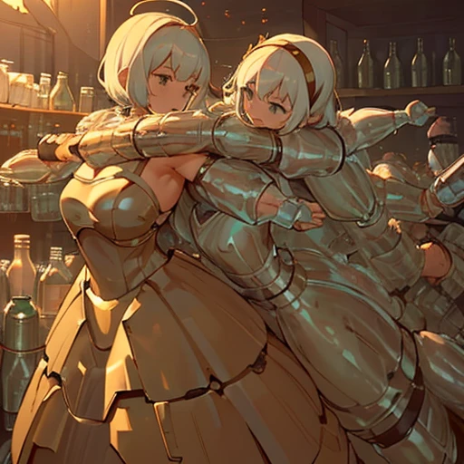 A girl in bottle armor who serves a floating bottle、Amazing dynamism、Amazing Angle、Unstable buoyancy sandstorm、((((((Many friendly bottles closely fused and chased each other))))))、((Hug eroding each other'jar of))、