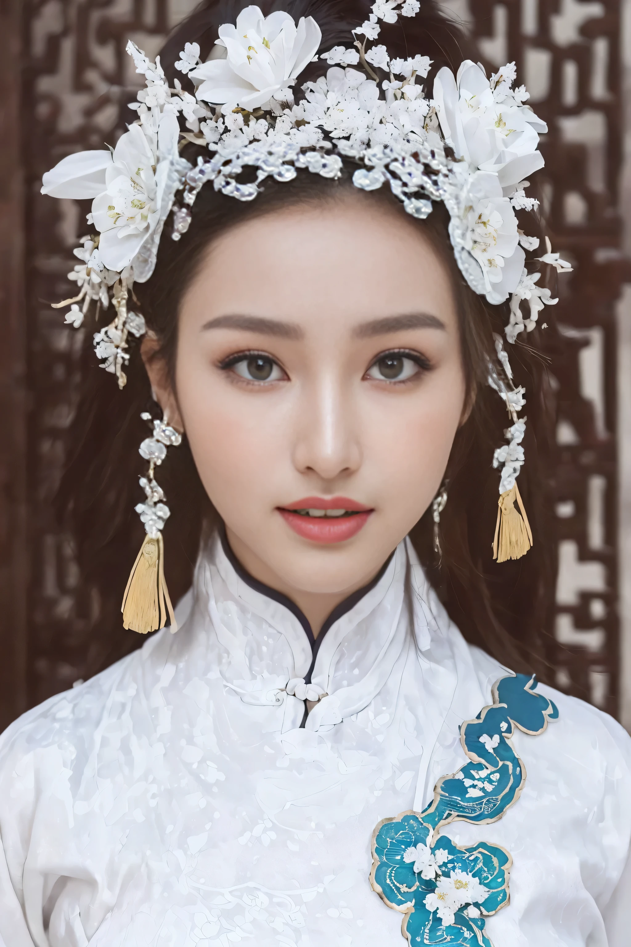 (Best quality at best,A high resolution),(actual),(sporty attire),(beautidful eyes,beautiful detailed lips,Extremely detailed face),(((White ancient Chinese costume)))，(External，Lush greenery，flowers blooming)，,(Stylish and fashionable clothes),(elongated),(stand posture),(Full body photo),(facing at the camera),(Smiling),(gentle expressions),(Perfect hair details),(Perfect lighting details),(Perfect skin details),