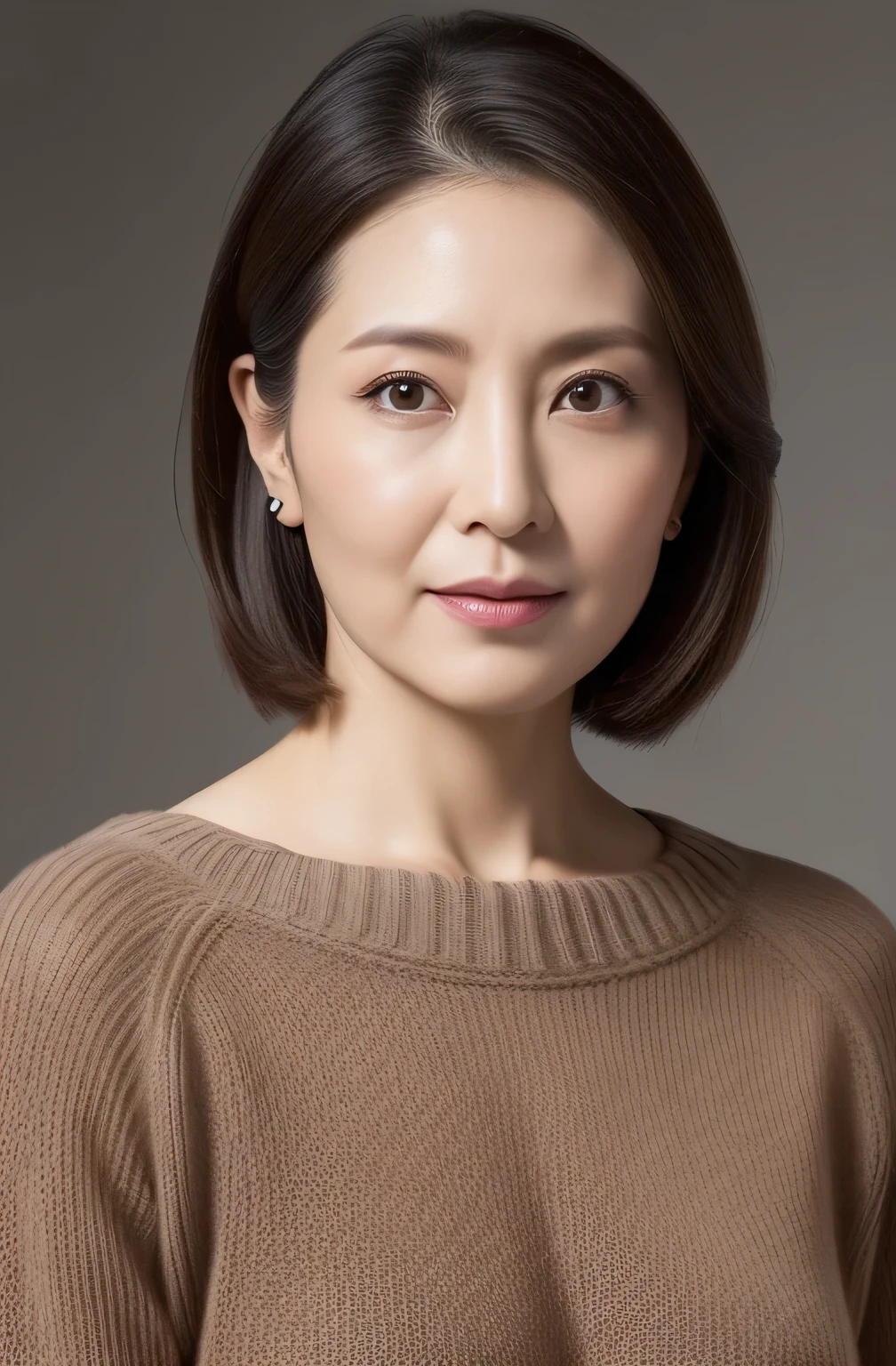hight resolution, high-level image quality, high detailing, masterpiece, Textured skin, tre anatomically correct, sharp, greybackground((japanese mature, 30-years old)), 独奏, ((Wrinkles on the face)), large breasts with good shape, Straight light brown hair that reaches to the shoulders, chubby figure (((erect through, facing the center of the screen.))), Close your mouth and look straight ahead with a serious face, Sweaters, skirt by the, ((cowboy shot)),