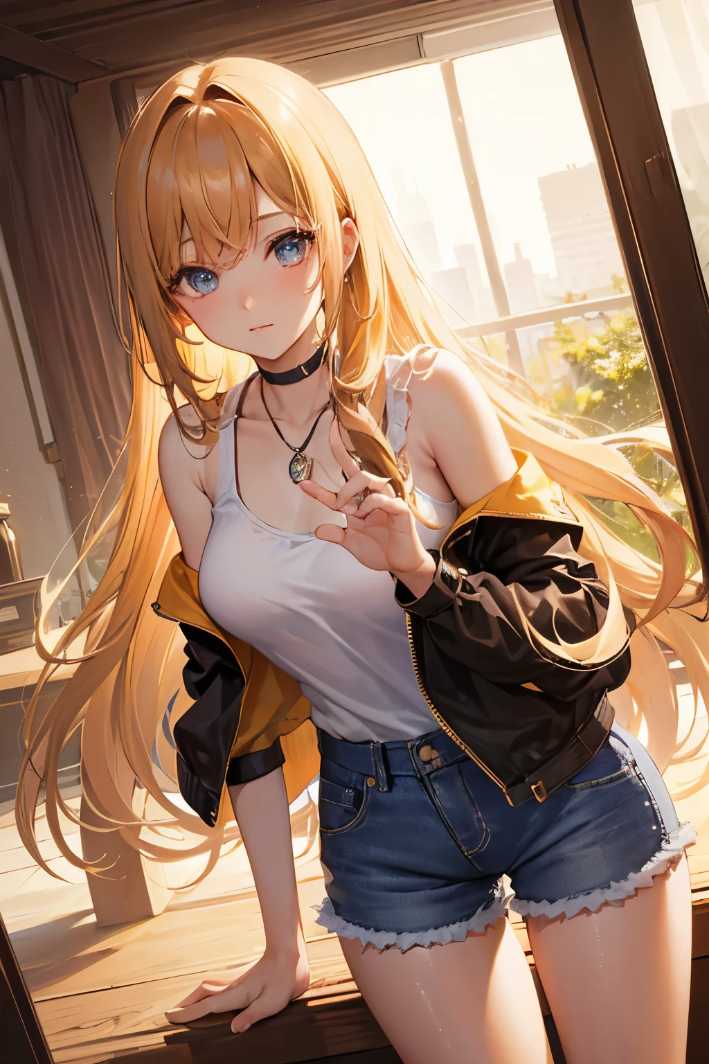 masterpiece, Highest quality, beautiful, high resolution, perfect anatomy, Beautiful bright flaxen hair、Beautiful eyes、Longhaire、Tank tops、denim shortpants、a choker、 black pantyhose, brown jacket, selfie style、selfee、piece、piece sign、 8K、a beauty girl、 Nice、 Beautiful hair、 Beautiful eyes、 Beautiful skin、Beautiful legs、Beautiful arms、Perfect fingers、 Very cute、 Very kawaii、