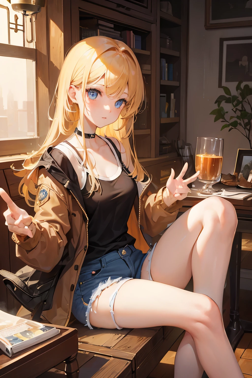 masterpiece, Highest quality, beautiful, high resolution, perfect anatomy, Beautiful bright flaxen hair、Beautiful eyes、Longhaire、Tank tops、denim shortpants、a choker、 black pantyhose, brown jacket, selfie style、selfee、piece、piece sign、 8K、a beauty girl、 Nice、 Beautiful hair、 Beautiful eyes、 Beautiful skin、Beautiful legs、Beautiful arms、Perfect fingers、 Very cute、 Very kawaii、