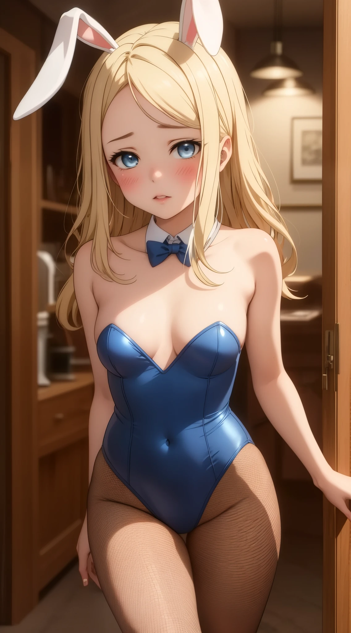 masterpiece, best quality, highly detailed, ultra high res, ayase arisa, 1girl, solo, blue eyes, hair ornament, blonde hair, long hair, blush, glossy lips, bunny ears, detached collar, strapless leotard, high heels, fishnet tights, (bunny)