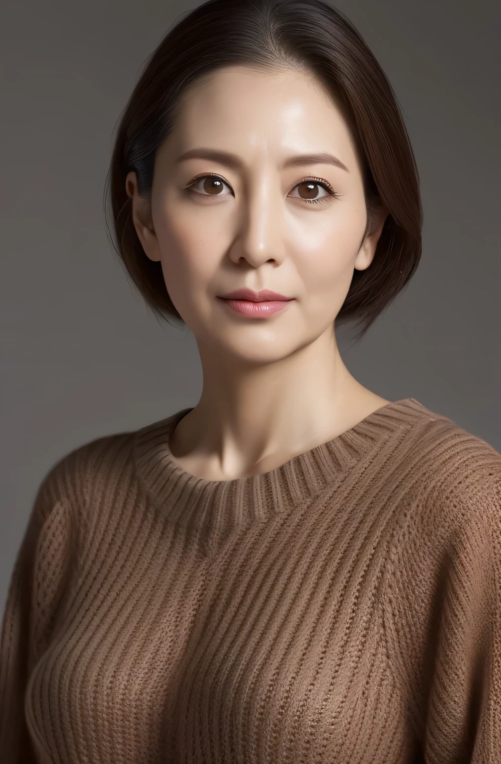hight resolution, high-level image quality, high detailing, masterpiece, Textured skin, tre anatomically correct, sharp, greybackground((japanese mature, 30-years old)), 独奏, ((Wrinkles on the face)), large breasts with good shape, Straight light brown hair that reaches to the shoulders, chubby figure (((erect through, facing the center of the screen.))), Close your mouth and look straight ahead with a serious face, Sweaters, skirt by the, ((cowboy shot)),
