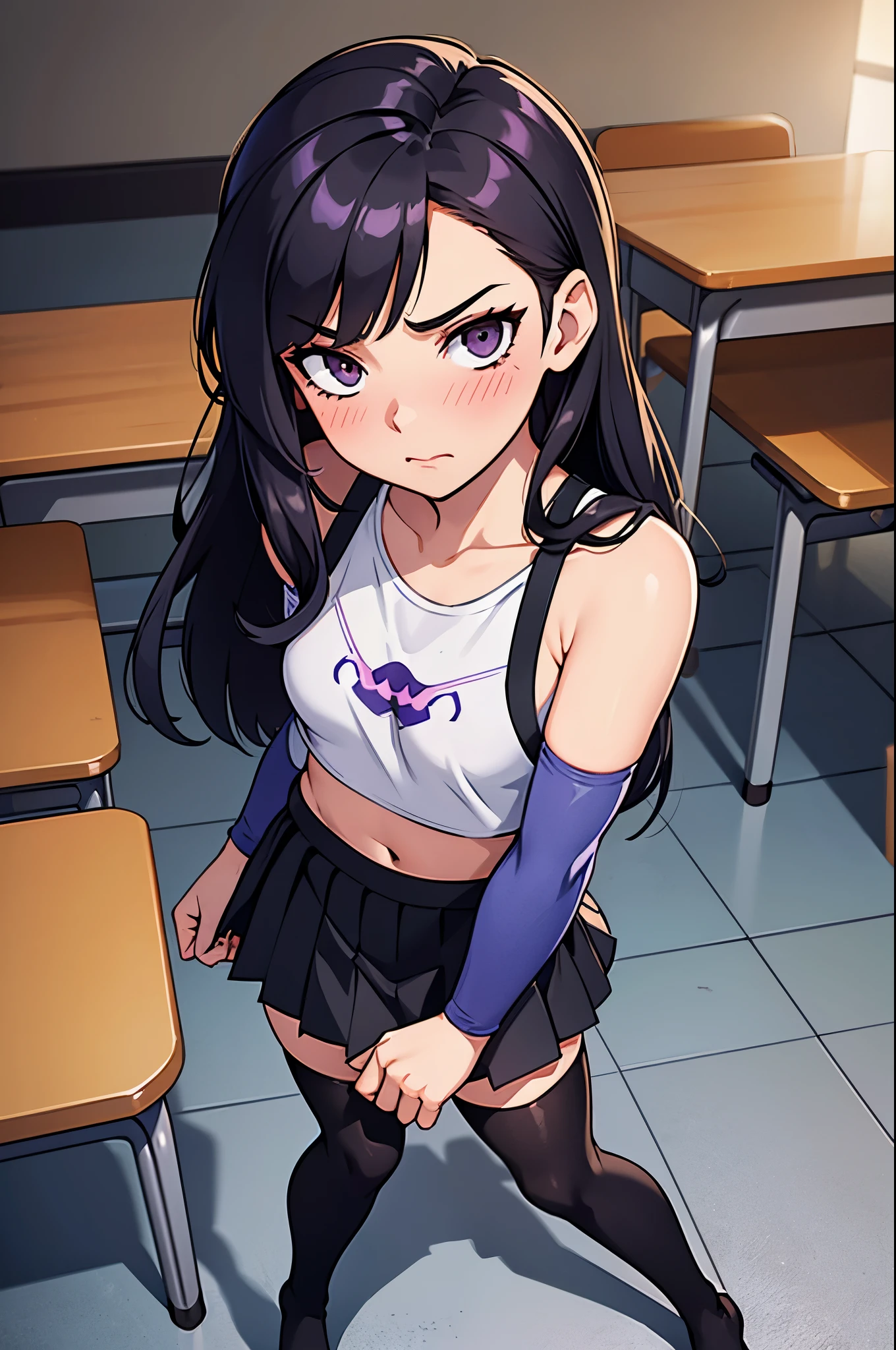 1woman, brunette hair, hair covering right eye, ow2 widowmaker face, blushing, spaggethi string crop top, small pleated black skirt, black thigh-highs, pulling up her thigh-highs over her thigh, pulling up her right legging, no shoes, classroom background, from above