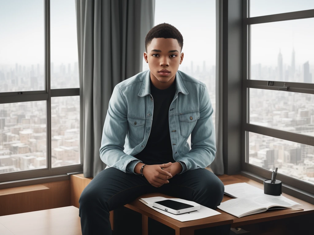 man sitting on a desk in front of a window with a city view, photo in style of tyler mitchell, in style of tyler mitchell, high quality portrait, professional portrait, photo portrait, mid shot portrait, sitting at his desk, teenage boy, professional portrait photograph, matte painting portrait shot,