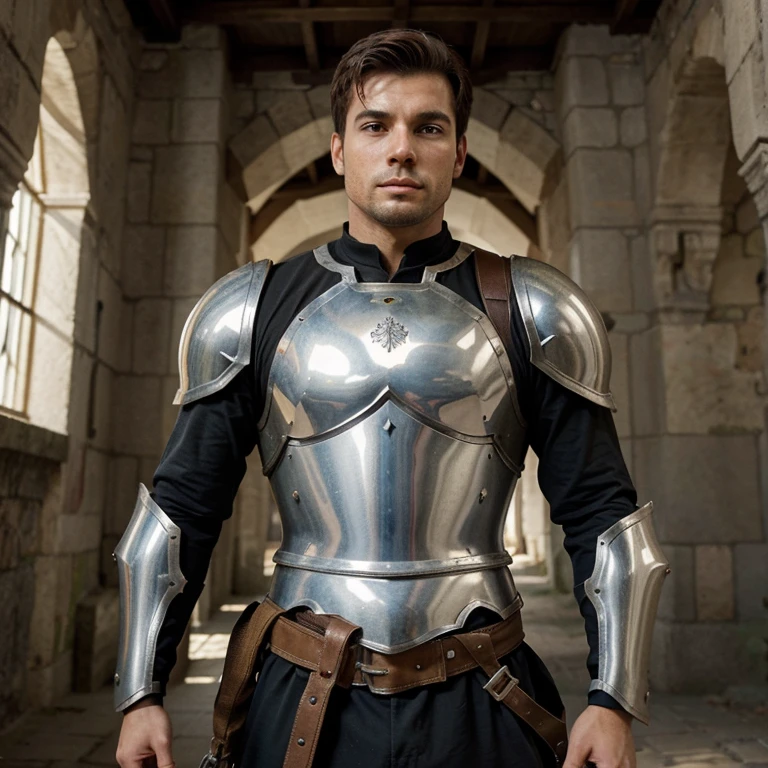 (Homem canadense), marb1e4rmor, wearing marble knight armor, dynamic pose, postura de luta, (fundo medieval da cidade da fantasia), segurando espada, ao ar livre, fechar para cima, Realistic, master part, detalhes intrincados, Antecedentes detalhados, profundidade de campo, foto de um homem bonito,