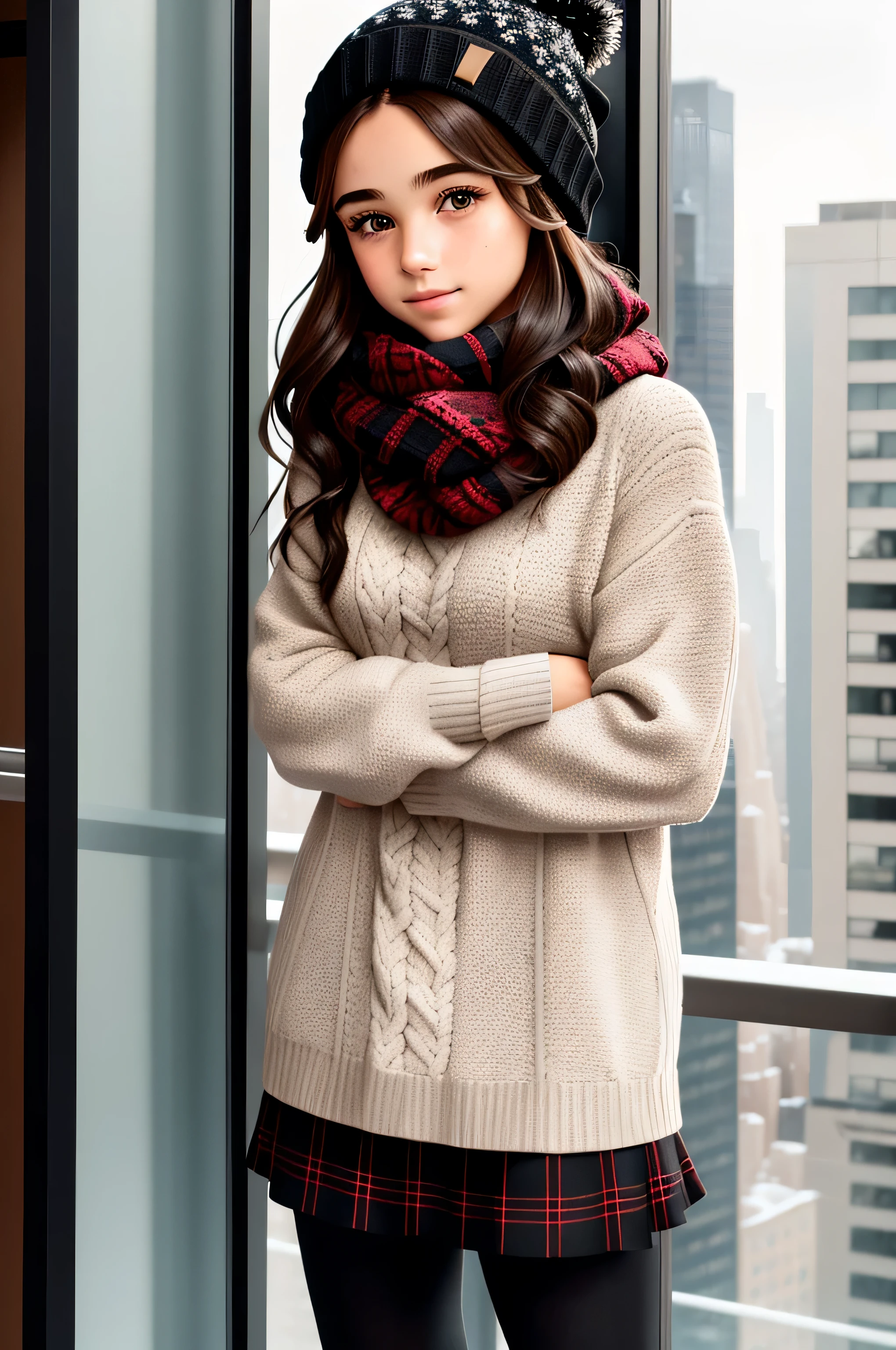 {there is a young girl out on a balcony of a new york highrise in the middle of winter. she is beautiful, and attractive. she is wearing a thick black jumper and red checkered skirt. she is also wearing black leggings underneath her skirt. she also has a knitted scarf on, and a knitted beanie. she has beautiful long brown hair, and beautiful hazel eyes. it is extremely cold outside, and it is snowing. you can barely see any other buildings in the far background as there is also fog around. there is also some snow on her as she is outside.}, {best quality}, {{masterpiece}}, {highres}, {{{8k}}}, extremely detailed girl, {{{caucasian skin}}}, {{{detailed face}}}, {photo-realism}, {{perfect anatomy}}, sharp focus, {{{character{1 girl}}}}, solo, {{{{{sharp focus}}}}}, {{{detailed cloth texture}}}, {{{detailed skin texture}}}, {{{smooth lighting}}}, {{australian decent}}, {{18-years old girl}},