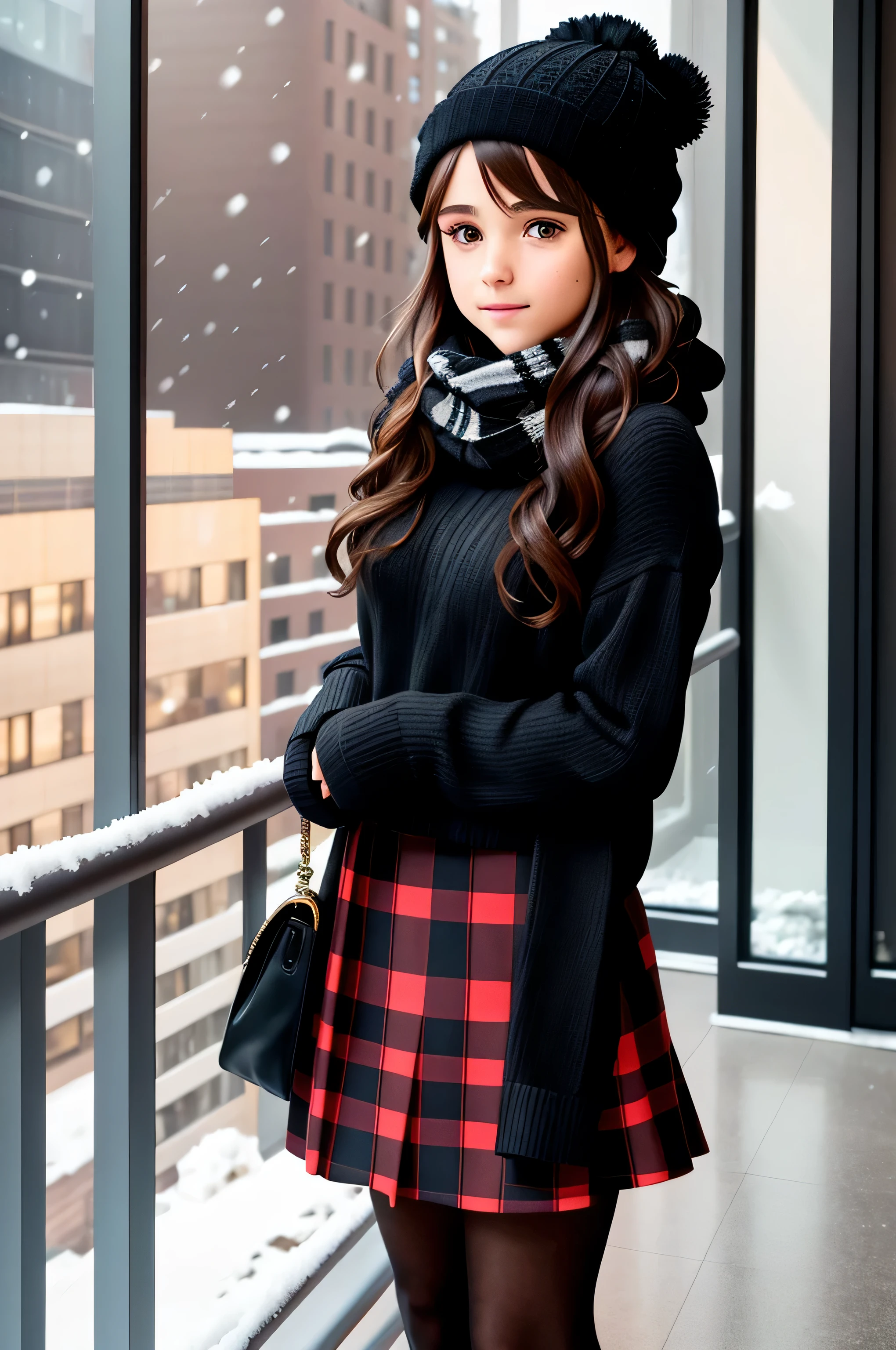 {there is a young girl out on a balcony of a new york highrise in the middle of winter. she is beautiful, and attractive. she is wearing a thick black jumper and red checkered skirt. she is also wearing black leggings underneath her skirt. she also has a knitted scarf on, and a knitted beanie. she has beautiful long brown hair, and beautiful hazel eyes. it is extremely cold outside, and it is snowing. you can barely see any other buildings in the far background as there is also fog around. there is also some snow on her as she is outside.}, {best quality}, {{masterpiece}}, {highres}, {{{8k}}}, extremely detailed girl, {{{caucasian skin}}}, {{{detailed face}}}, {photo-realism}, {{perfect anatomy}}, sharp focus, {{{character{1 girl}}}}, solo, {{{{{sharp focus}}}}}, {{{detailed cloth texture}}}, {{{detailed skin texture}}}, {{{smooth lighting}}}, {{australian decent}}, {{18-years old girl}},