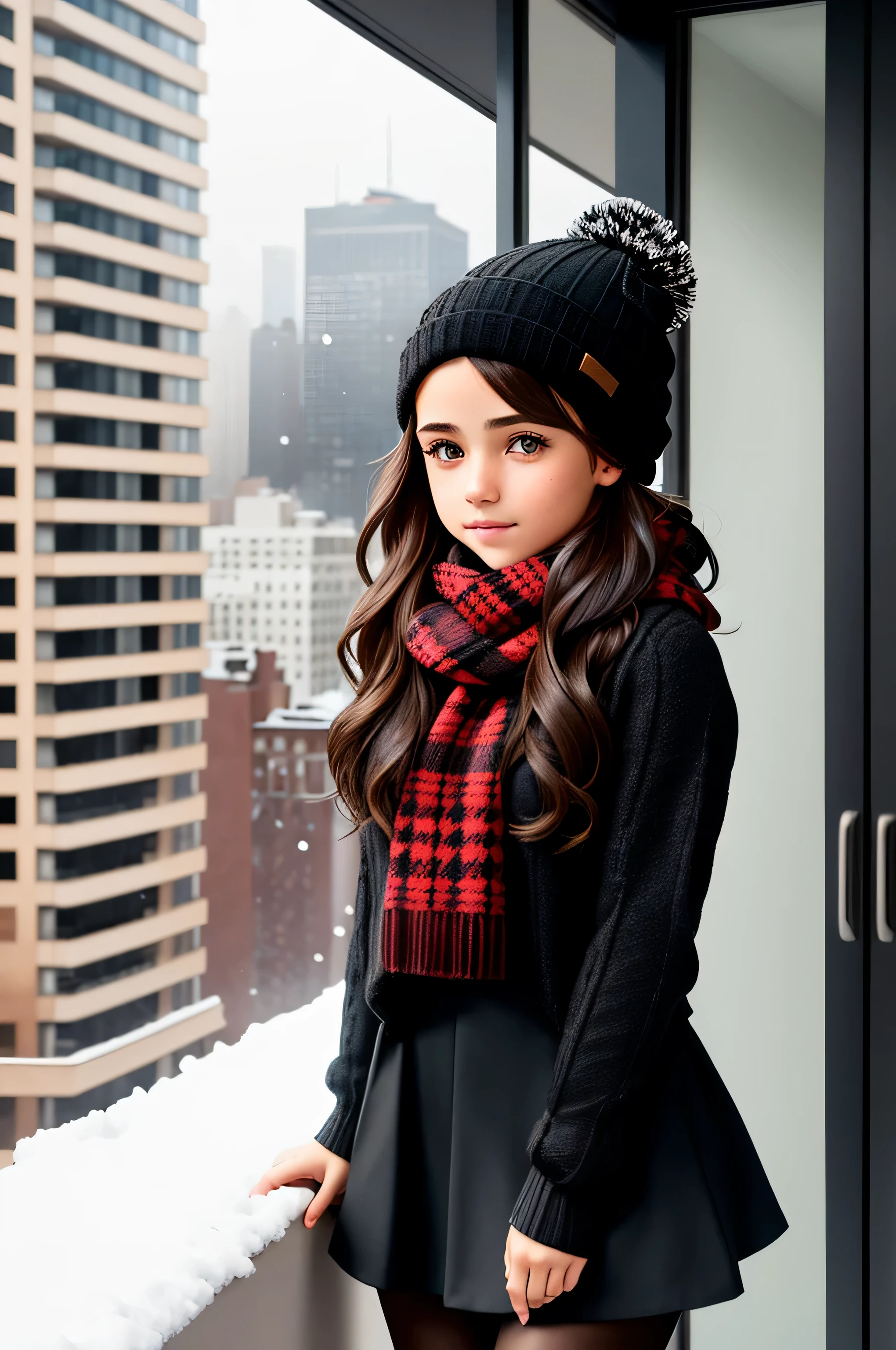 {there is a young girl out on a balcony of a new york highrise in the middle of winter. she is beautiful, and attractive. she is wearing a thick black jumper and red checkered skirt. she is also wearing black leggings underneath her skirt. she also has a knitted scarf on, and a knitted beanie. she has beautiful long brown hair, and beautiful hazel eyes. it is extremely cold outside, and it is snowing. you can barely see any other buildings in the far background as there is also fog around. there is also some snow on her as she is outside.}, {best quality}, {{masterpiece}}, {highres}, {{{8k}}}, extremely detailed girl, {{{caucasian skin}}}, {{{detailed face}}}, {photo-realism}, {{perfect anatomy}}, sharp focus, {{{character{1 girl}}}}, solo, {{{{{sharp focus}}}}}, {{{detailed cloth texture}}}, {{{detailed skin texture}}}, {{{smooth lighting}}}, {{australian decent}}, {{18-years old girl}},
