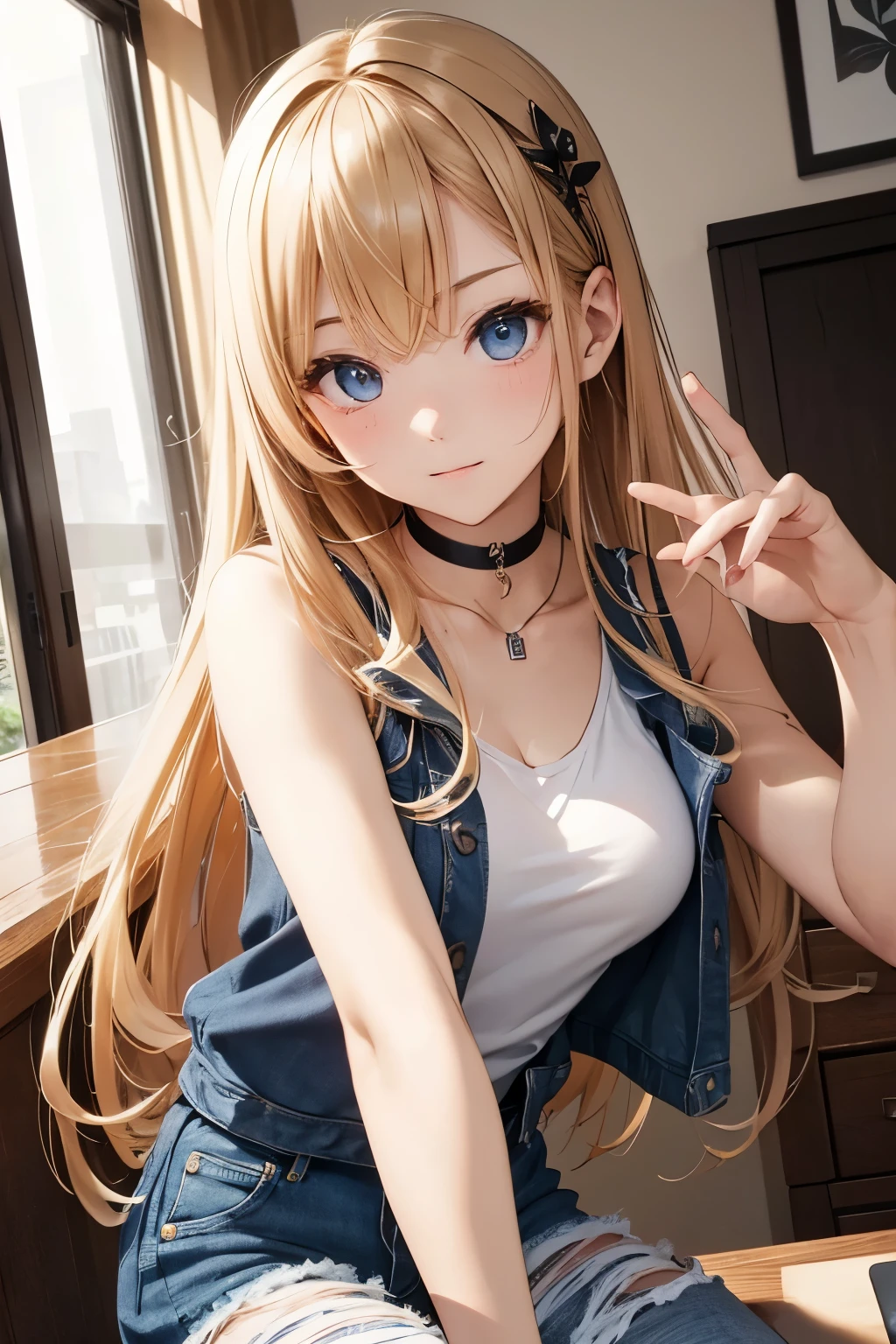 masterpiece, Highest quality, beautiful, high resolution, perfect anatomy, Beautiful bright flaxen hair、Beautiful eyes、Longhaire、Tank tops、denim shortpants、a choker、 black pantyhose, brown jacket, selfie style、selfee、piece、piece sign、 8K、a beauty girl、 Nice、 Beautiful hair、 Beautiful eyes、 Beautiful skin、Beautiful legs、Beautiful arms、Perfect fingers、 Very cute、 Very kawaii、