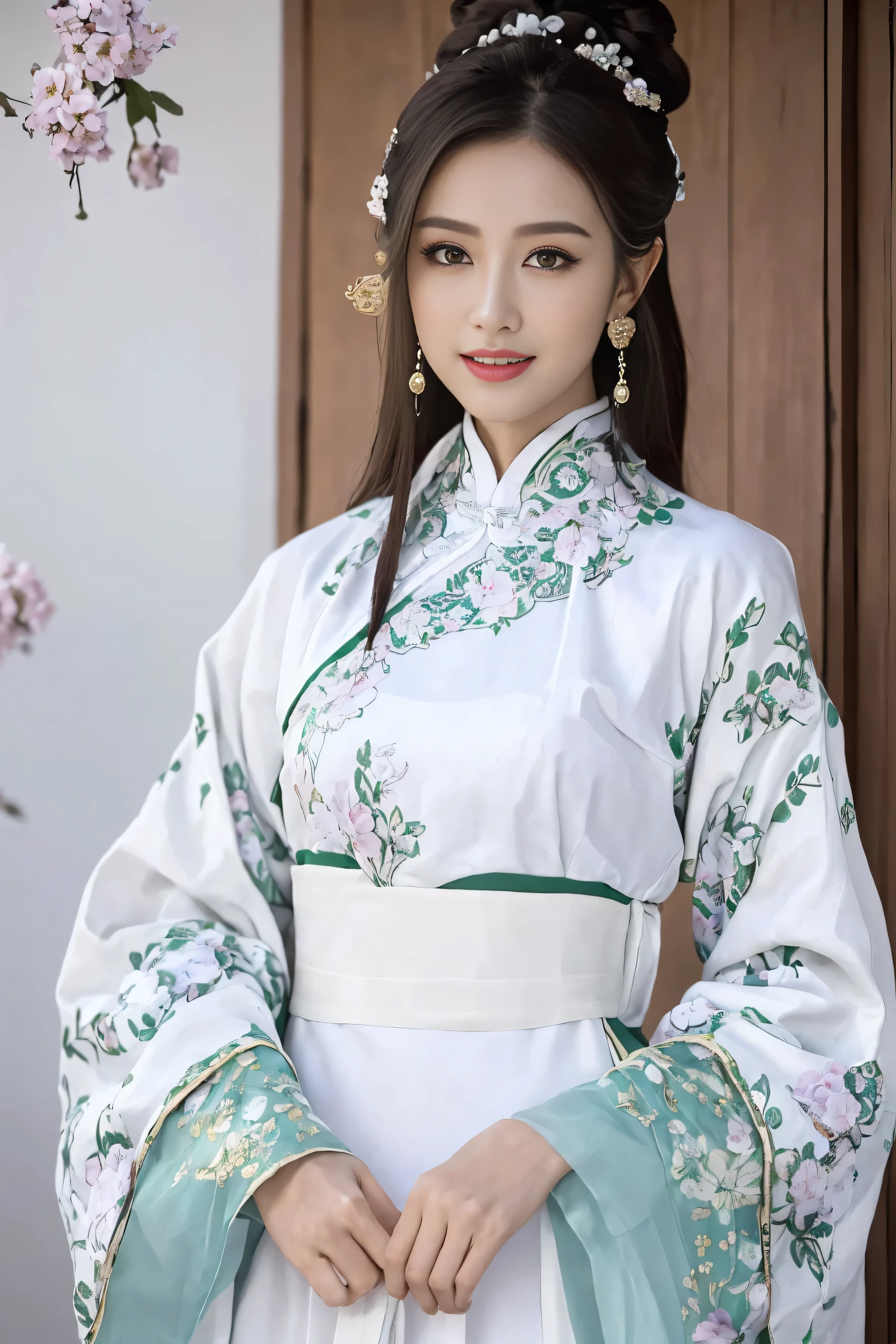 (Best quality at best,A high resolution),(actual),(sporty attire),(beautidful eyes,beautiful detailed lips,Extremely detailed face),(((White ancient Chinese costume)))，(External，Lush greenery，flowers blooming)，,(Stylish and fashionable clothes),(elongated),(stand posture),(Full body photo),(facing at the camera),(Smiling),(gentle expressions),(Perfect hair details),(Perfect lighting details),(Perfect skin details),