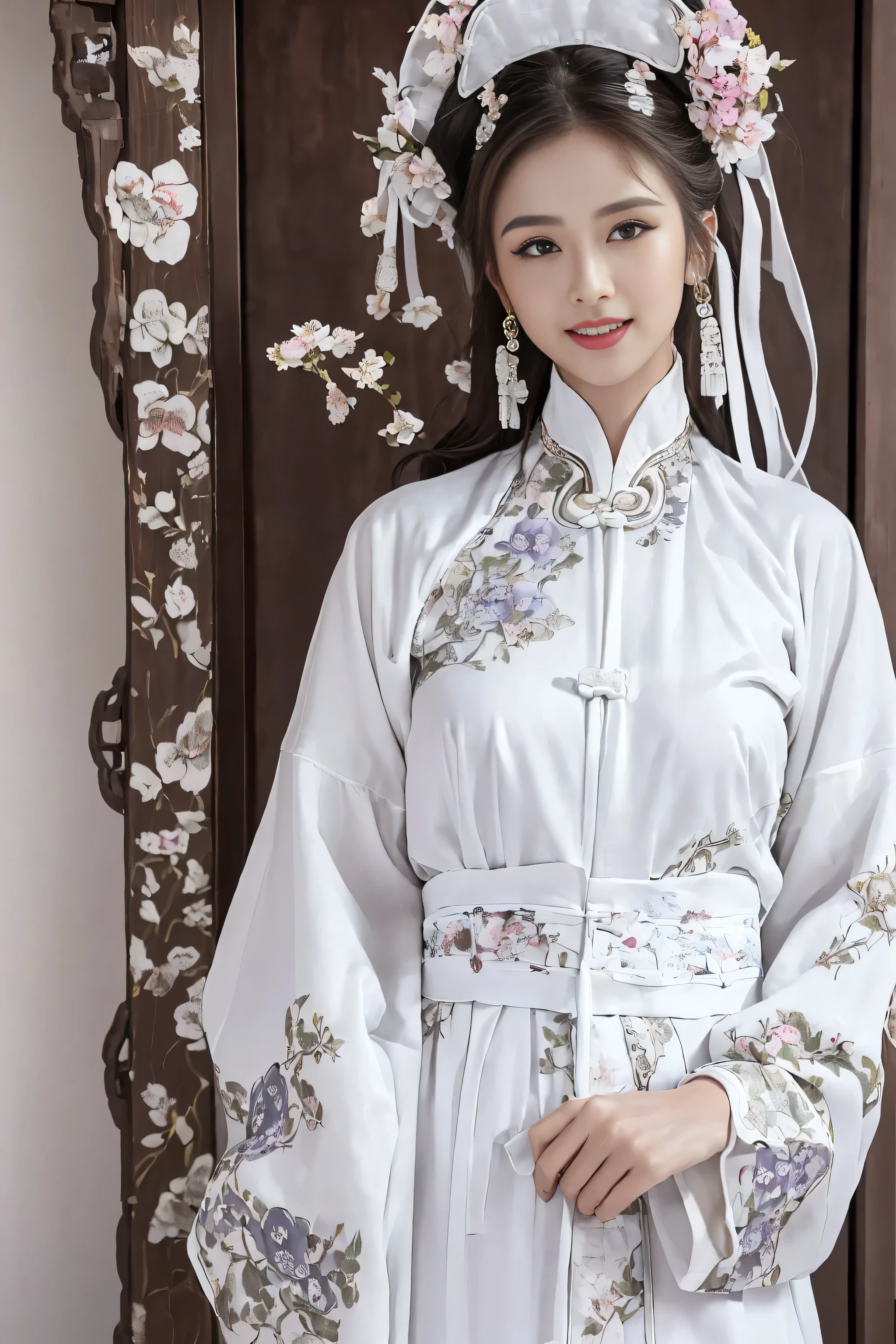 (Best quality at best,A high resolution),(actual),(sporty attire),(beautidful eyes,beautiful detailed lips,Extremely detailed face),(((White ancient Chinese costume)))，(External，Lush greenery，flowers blooming)，,(Stylish and fashionable clothes),(elongated),(stand posture),(Full body photo),(facing at the camera),(Smiling),(gentle expressions),(Perfect hair details),(Perfect lighting details),(Perfect skin details),