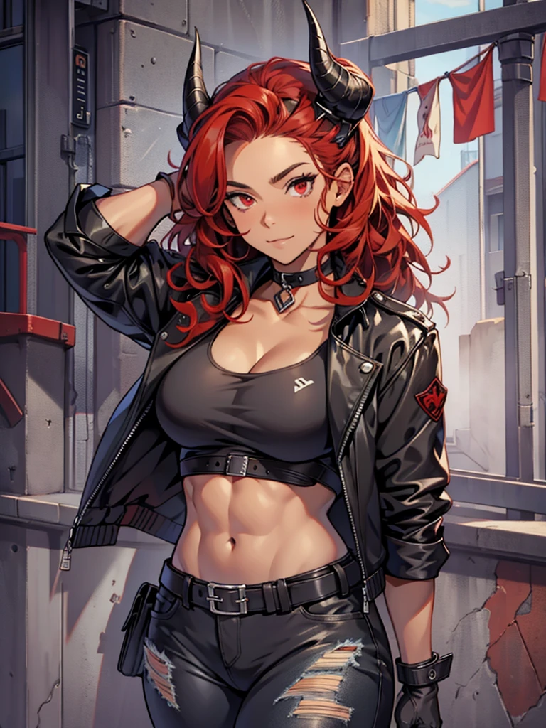 Masterpiece, best quality, high-res, extremely detailed, 1girl, (dark brown skin tone:1.2), red eyes, red hair, red curly hair, horns, short leather jacket, sleeves, abs, gloves, pants, torn pants, choker, belt, crop top, solo