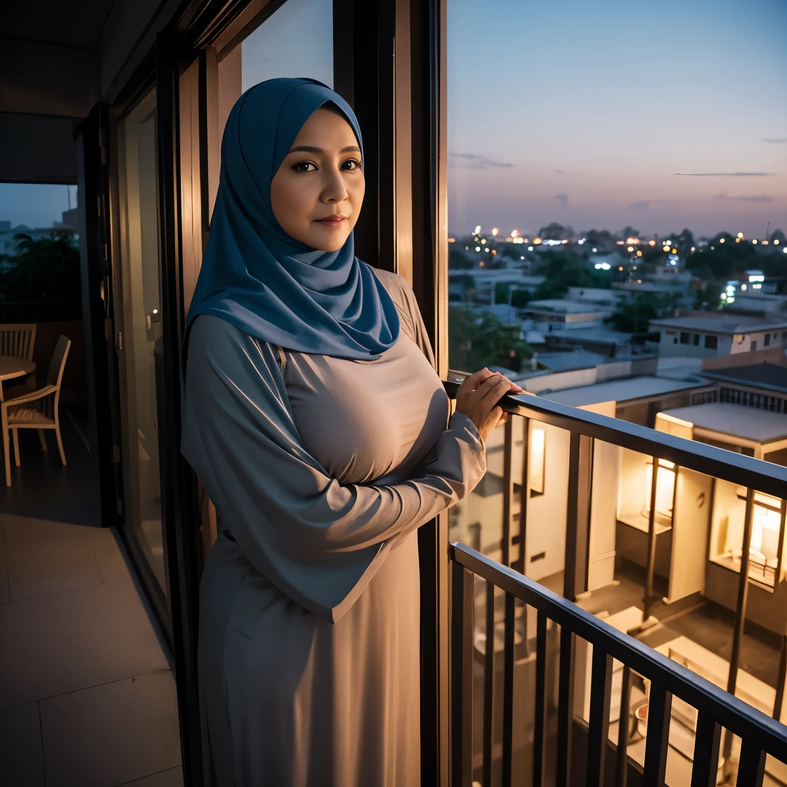 56 years Old, Hijab Indonesian mature woman, Saggy Large Mature Tits : 96.9, Gamis, Tight Burqa, Perfect body, at Apartment balcony, Bright light, at Night Time