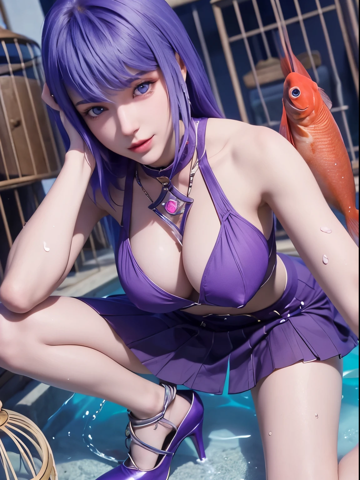 25-year-old Korean girl，1 Sister，girl on top， dive， I have a perfect face， eBlue eyes， income，  dive，under the water深处，under the water，breaking，ton de asur，(((Fish cage as a whole, Purple colored hair,delicate high heels，smooth thigh，Exquisite facial features and beautiful eyes bodyesbian，lying in water，smooth thigh，The skirt was blocked，Normal viewing angle