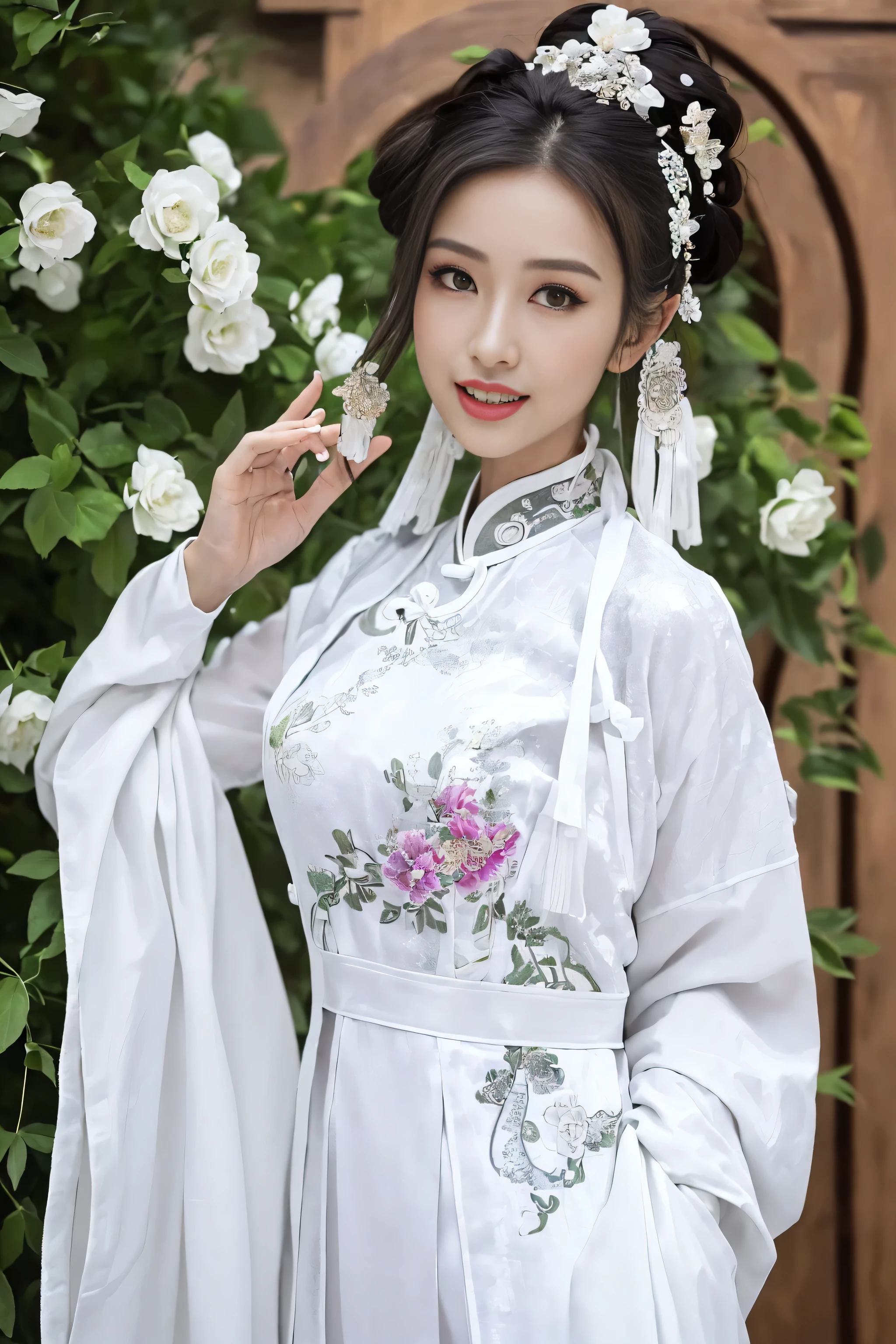 (Best quality at best,A high resolution),(actual),(sporty attire),(beautidful eyes,beautiful detailed lips,Extremely detailed face),(((White ancient Chinese costume)))，(External，Lush greenery，flowers blooming)，,(Stylish and fashionable clothes),(elongated),(stand posture),(Full body photo),(facing at the camera),(Smiling),(gentle expressions),(Perfect hair details),(Perfect lighting details),(Perfect skin details),