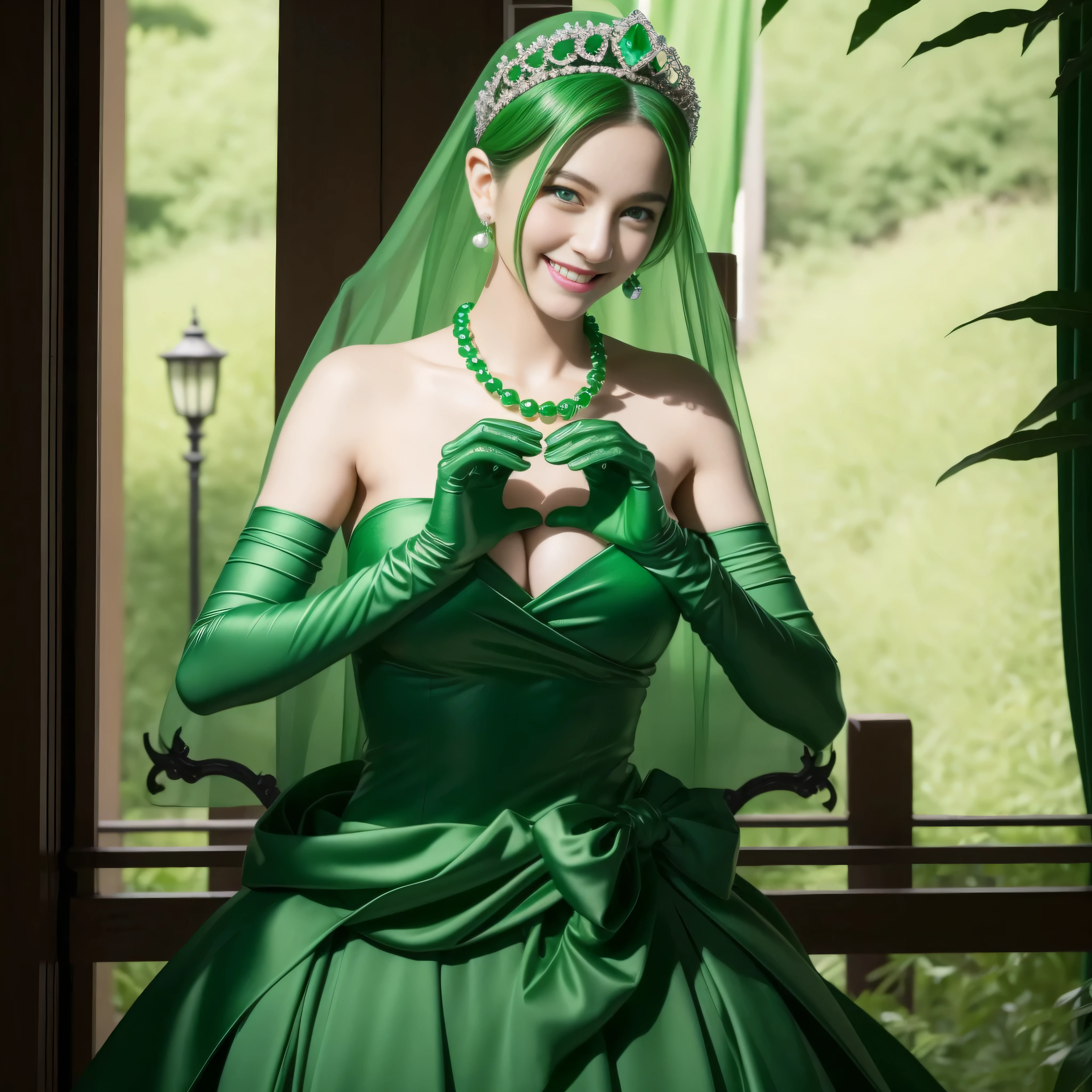 emerald tiara, Green Pearl Necklace, Boyish very short green hair, lipsticks, Japan woman smiling, very short short hair, big breasts beautiful, Green eyes, Long green gloves made of satin material, Green eyes, Emerald Earrings, green vale, Heart with both hands