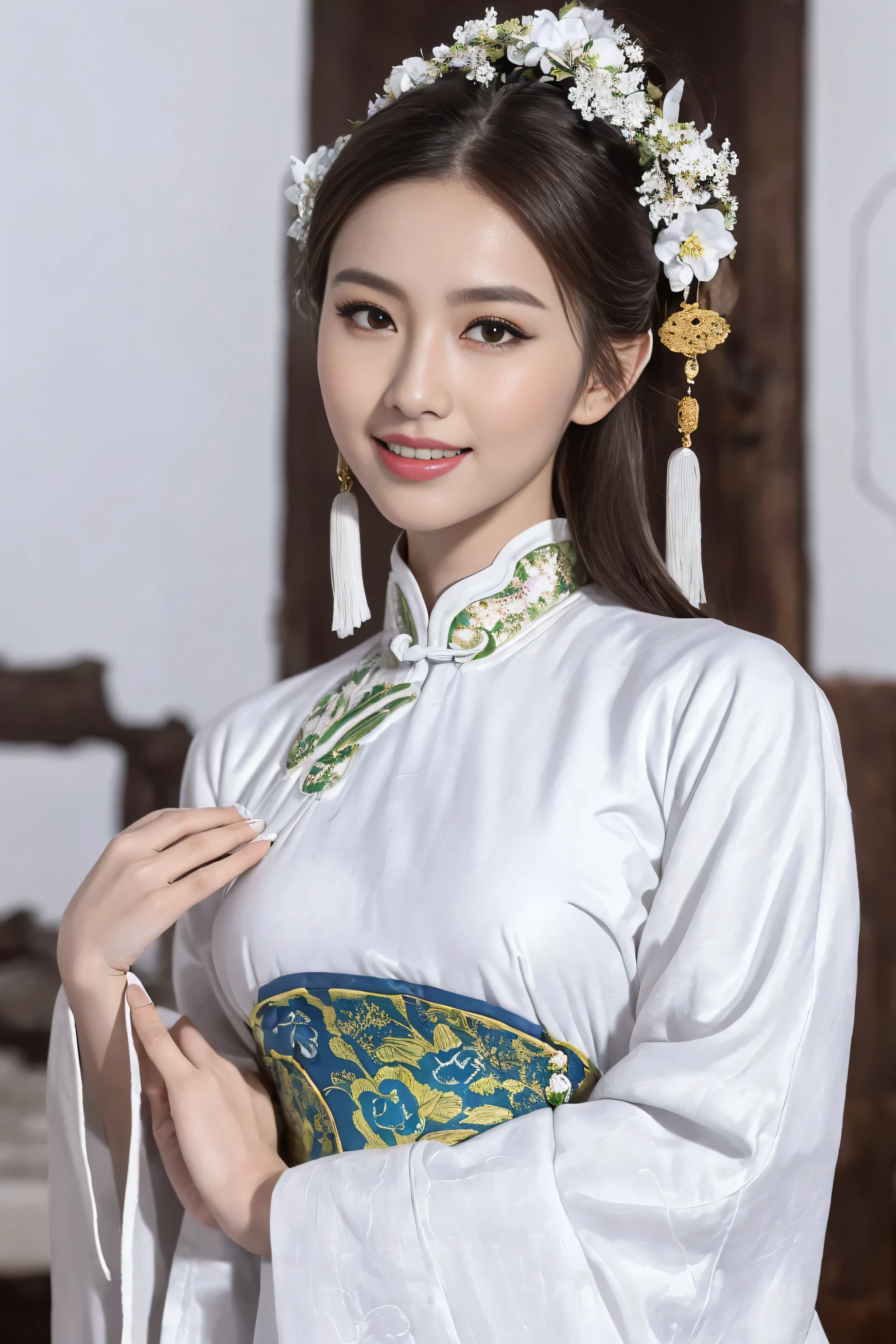 (Best quality at best,A high resolution),(actual),(sporty attire),(beautidful eyes,beautiful detailed lips,Extremely detailed face),(((White ancient Chinese costume)))，(External，Lush greenery，flowers blooming)，,(Stylish and fashionable clothes),(elongated),(stand posture),(Full body photo),(facing at the camera),(Smiling),(gentle expressions),(Perfect hair details),(Perfect lighting details),(Perfect skin details),