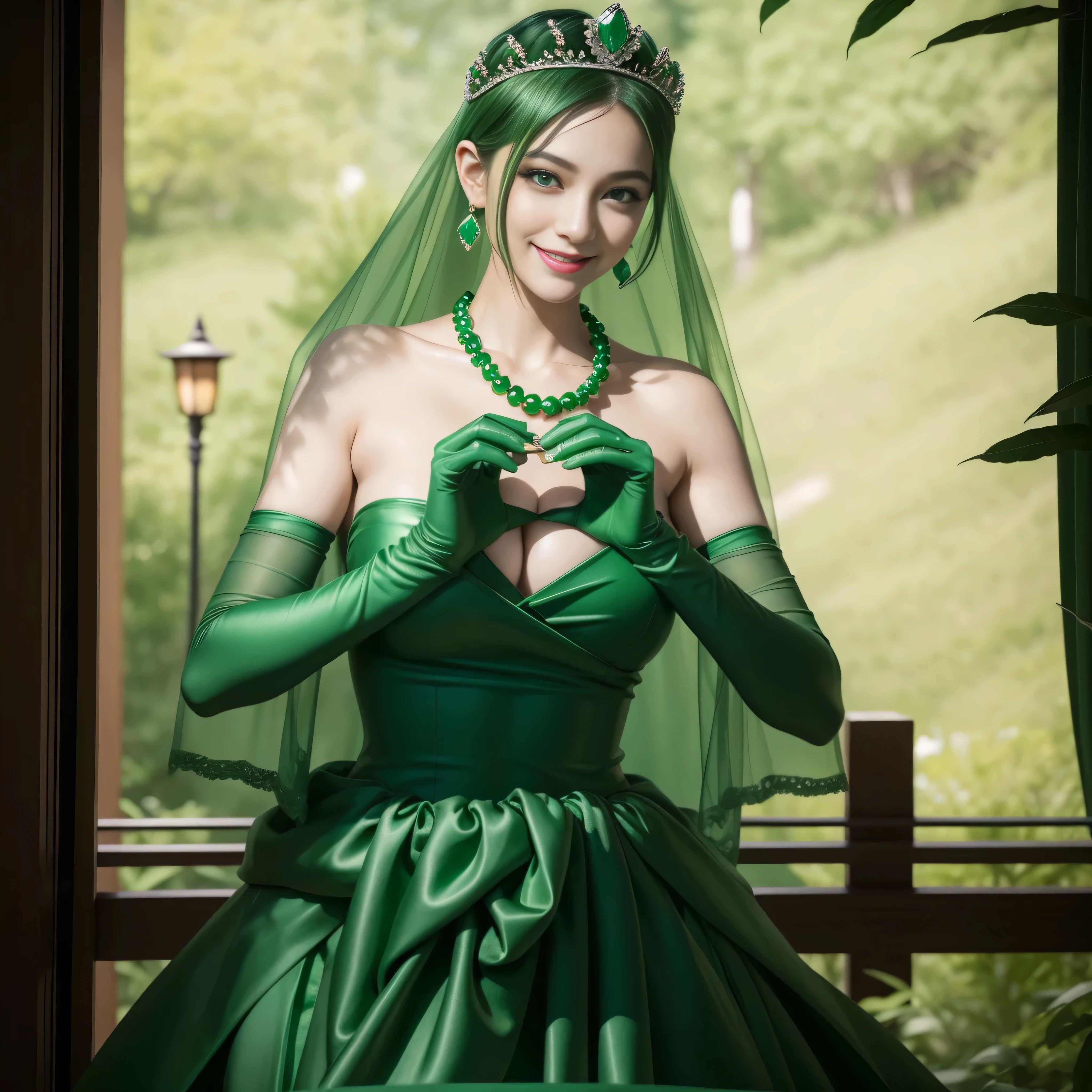 emerald tiara, Green Pearl Necklace, Boyish very short green hair, lipsticks, Japan woman smiling, very short short hair, big breasts beautiful, Green eyes, Long green gloves made of satin material, Green eyes, Emerald Earrings, green vale, 両Heart in the hand, Heart in the hand, Green hair