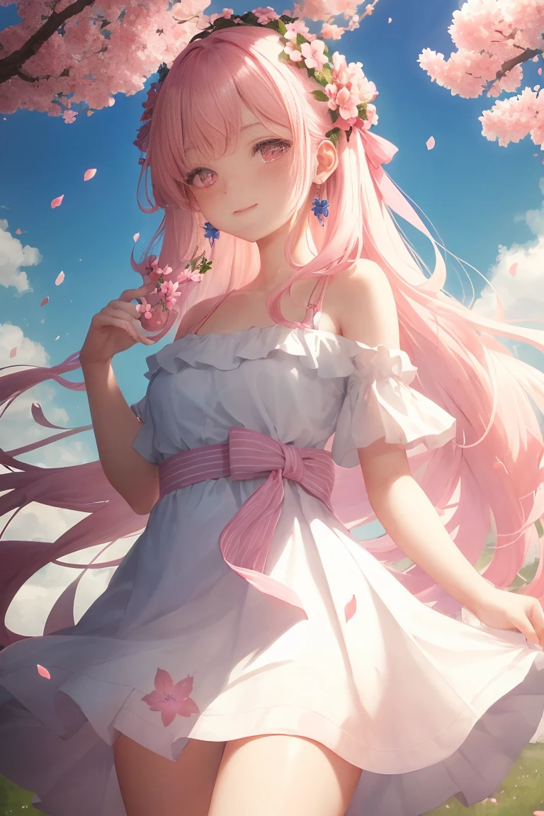 art by Cornflower, dreamy
cherry_blossoms, falling_petals, petals, branch, pink_flower, 1girl,20-year-old, blue_sky, spring_\(season\), petals_on_liquid, flower, hanami, dress, (Long blond curly hair:1.5),Wearing a wreath,sky, outdoors, cloud, bangs, smile, pink_eyes, White skirt with cherry blossom embellishments, bare_shoulders, earrings, holding_flower, wind, tree, looking_at_viewer,cowboy shot,