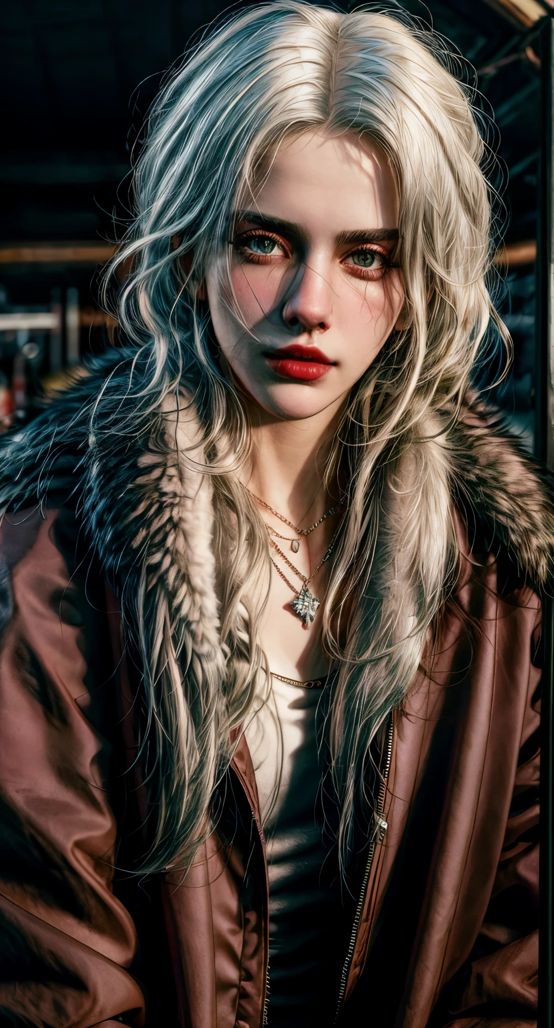 White haired woman with a necklace and fur dark red jacket posing for a picture, cinematic realistic portrait, 8k portrait render, ciri, ciri from the witcher, photorealistic artstyle, cinematic bust portrait, 3 d render character art 8 k, detailed cinematic render, realistic face moody lighting, realistic artstyle, cyberpunk art ultrarealistic 8k, hyper realistic lighting