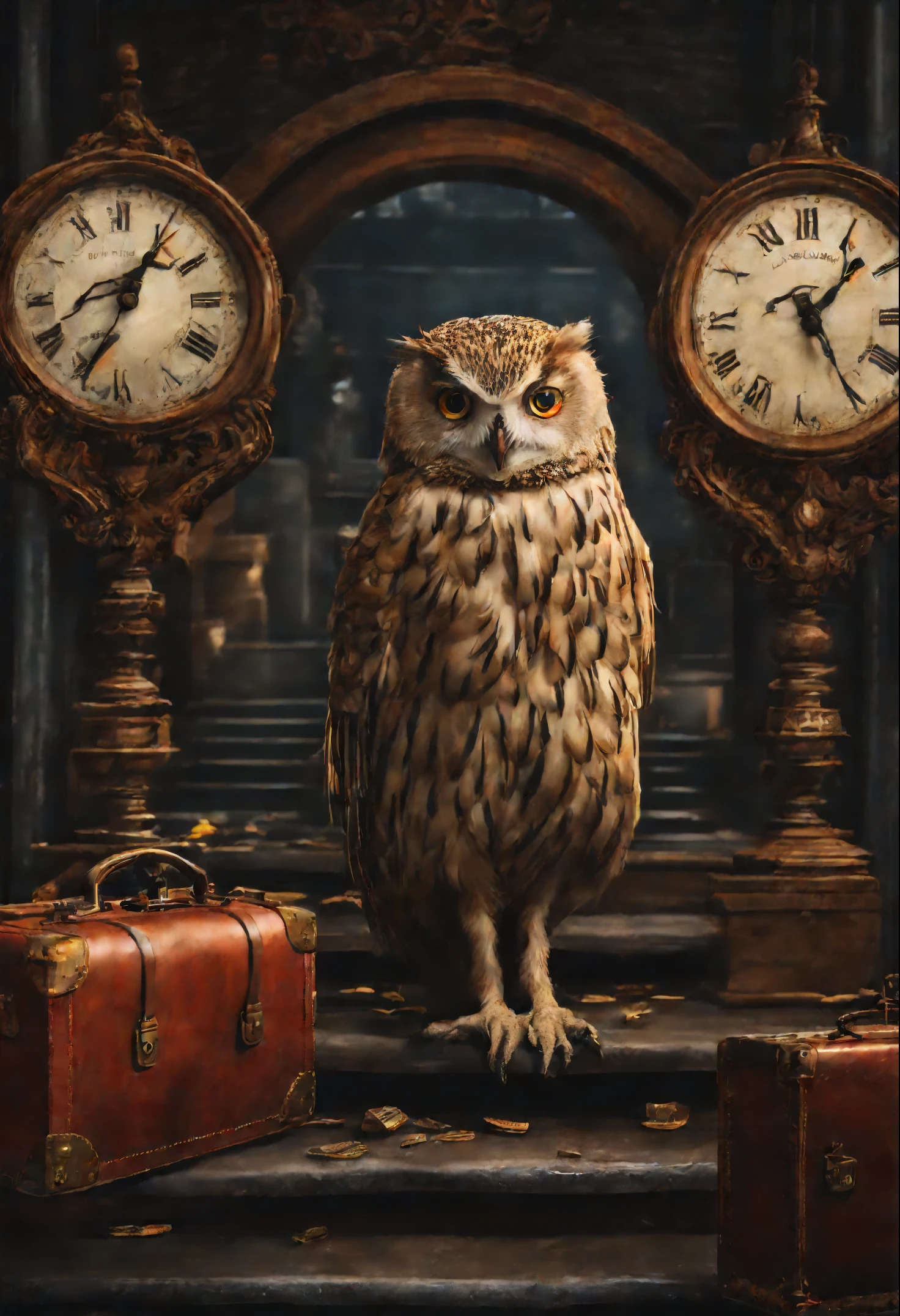Harry did his best to, so as not to panic. According to the big vocal clock, he had ten minutes left to do so, to take the train to Hogwarts, but he had no idea, how can he do this. He stood in the middle of the platform with a huge suitcase, which could hardly be lifted off the ground, with pockets, full of magic money, and with a cage, where the big owl sat, ((scary decoration))(((tmasterpiece))), ((The best quality at its best)), ((intricate detials)), ((hyper realisitc))(8K)