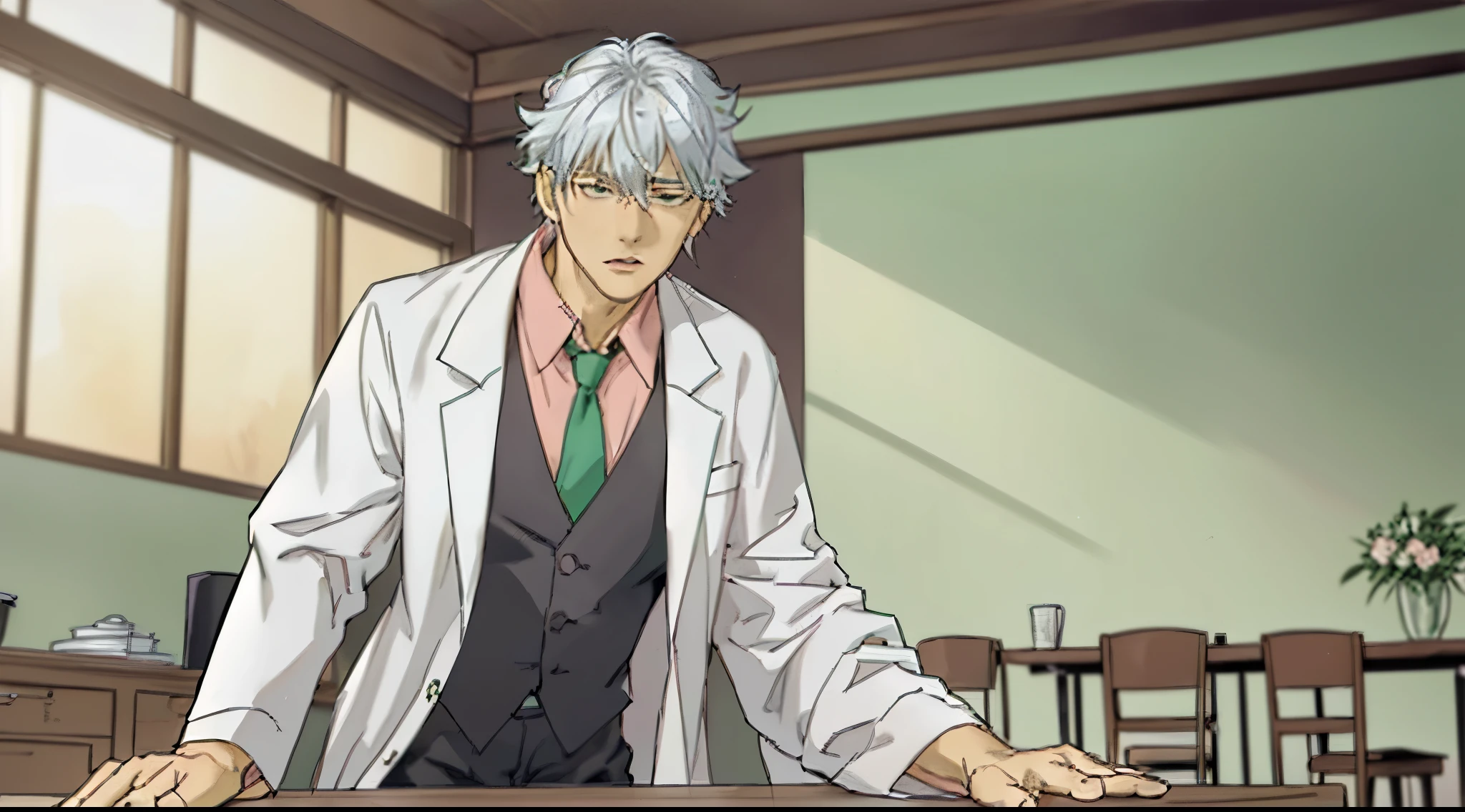 front view of a silver-haired guy talking to the viewer loudly, his hands placed on a table, he is leaning forward as he speaks to the viewer loudly, his mouth open as he speaks, he is wearing a white lab coat, black pants and pink shirt with a green tie, he is looking forward and leaning forward, his body language showing confidence