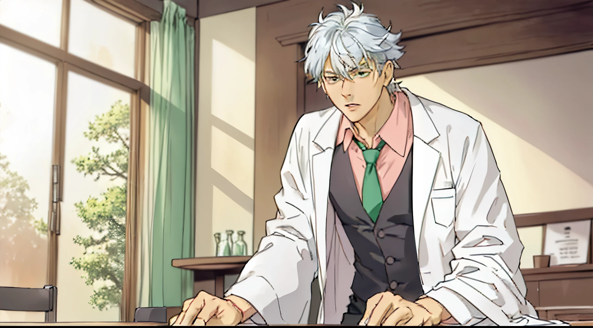 front view of a silver-haired guy talking to the viewer loudly, his hands placed on a table, he is leaning forward as he speaks to the viewer loudly, his mouth open as he speaks, he is wearing a white lab coat, black pants and pink shirt with a green tie, he is looking forward and leaning forward, his body language showing confidence