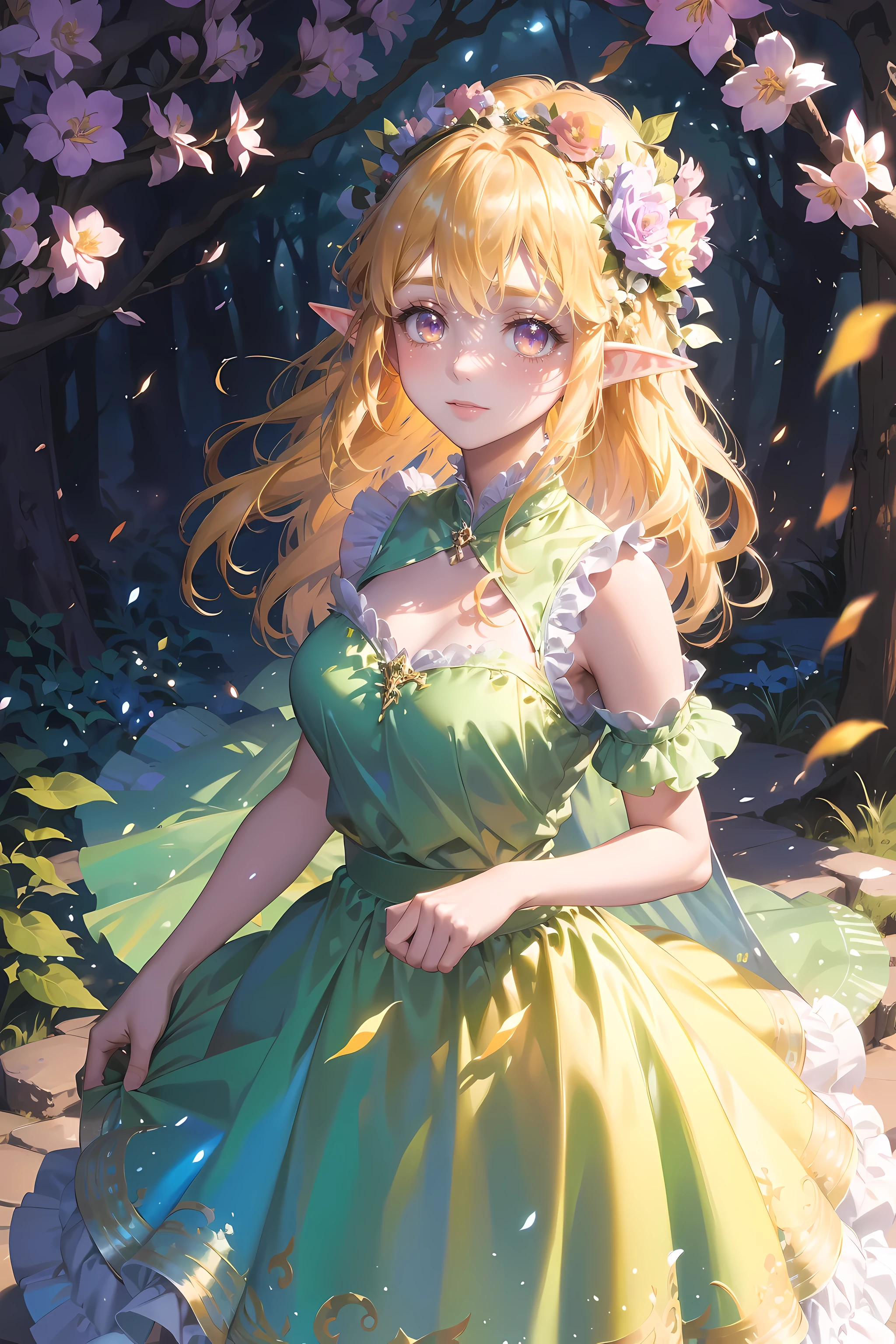 eyeline,(Horny eyes:1.4),(faeries:1.2),(A high resolution,Best quality,like a dream,obsessed,at a forest,faeries),(Vibrant colors,ultra - detailed),(美丽Horny eyes,Mottled sunlight,Whimsical creatures,sparkling mysterious mist,Evocative atmosphere otherworldly beauty),(magical light,Faint ethereal light),(in pastel shades,fantasticcolors),(Dancing fireflies,活泼的faeries,Breeze whispered),layered lace dress,Exquisite and beautiful gauze long skirt,(Colorful princess dress:1.4),(Elf Flower Crown:1.2),(美丽Horny eyes, Vibrant colors, oil painted, flowers in the background, A flowing dress, Fantastical Atmosphere, Eyebrows are very clear, gentlesoftlighting, Fantasy elements, Magical environment, 逼真的A high resolution图像, dynamic and energetic),(vibrant with colors:1.5)