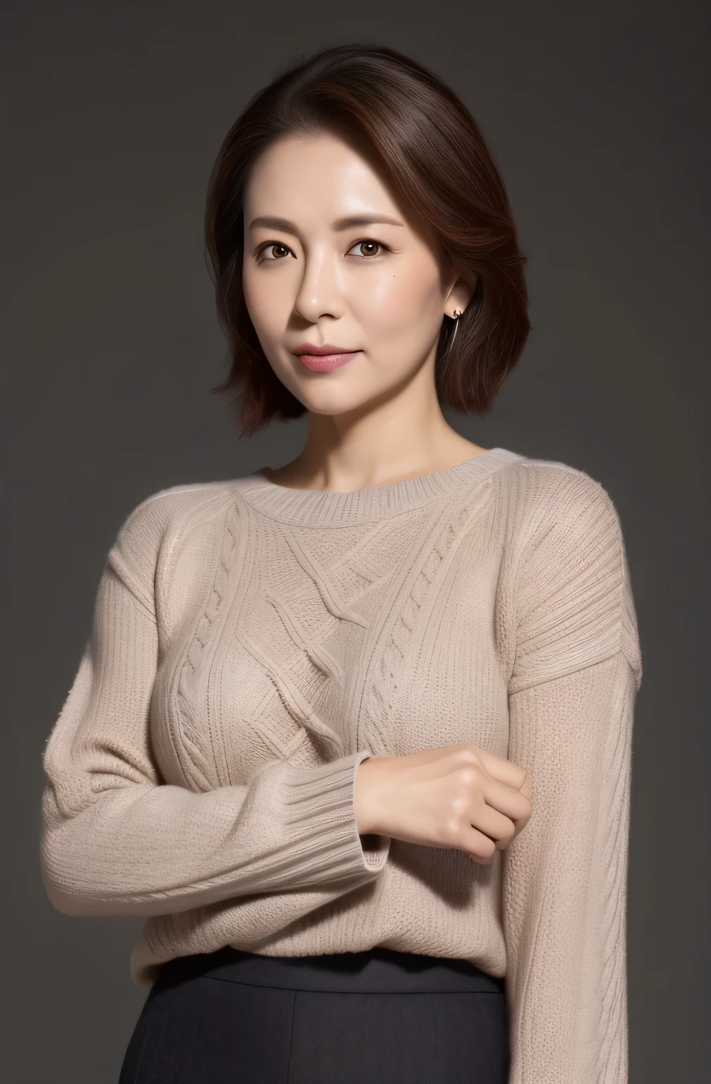 hight resolution, high-level image quality, high detailing, masterpiece, Textured skin, tre anatomically correct, sharp, greybackground((japanese mature, 30-years old)), 独奏, ((Wrinkles on the face)), large breasts with good shape, Straight light brown hair that reaches to the shoulders, chubby figure (((erect through, facing the center of the screen.))), Close your mouth and look straight ahead with a serious face, Sweaters, skirt by the, ((cowboy shot)),