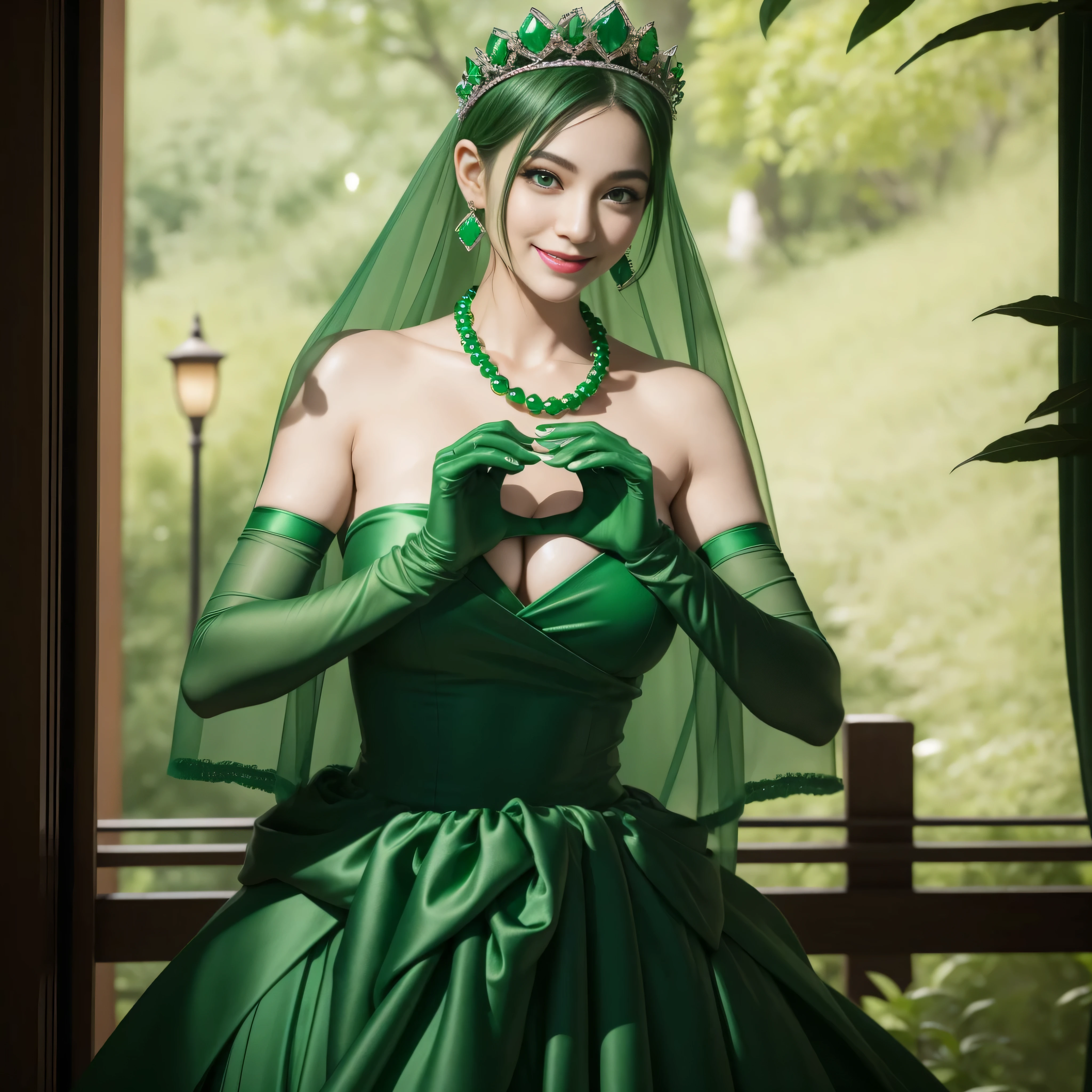 emerald tiara, Green Pearl Necklace, Boyish very short green hair, lipsticks, Japan woman smiling, very short short hair, big breasts beautiful, Green eyes, Long green gloves made of satin material, Green eyes, Emerald Earrings, green vale, 両Heart in the hand, Heart in the hand, Green hair