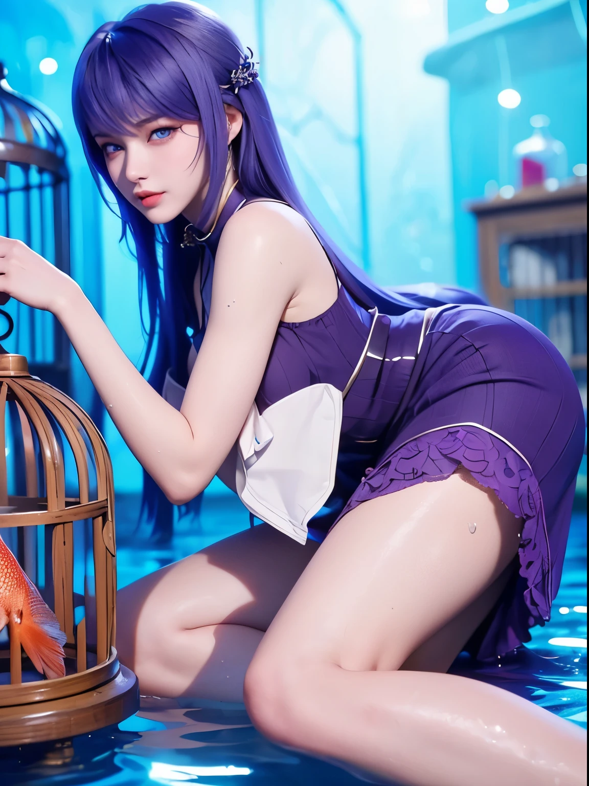 25-year-old Korean girl，1 Sister，girl on top， dive， I have a perfect face， eBlue eyes， income，  dive，Under water深处，Under water，breaking，ton de asur，(((Fish cage as a whole, Purple colored hair,delicate high heels，smooth thigh，Exquisite facial features and beautiful eyes bodyesbian，lying in water，smooth thigh，The skirt was blocked，Normal viewing angle