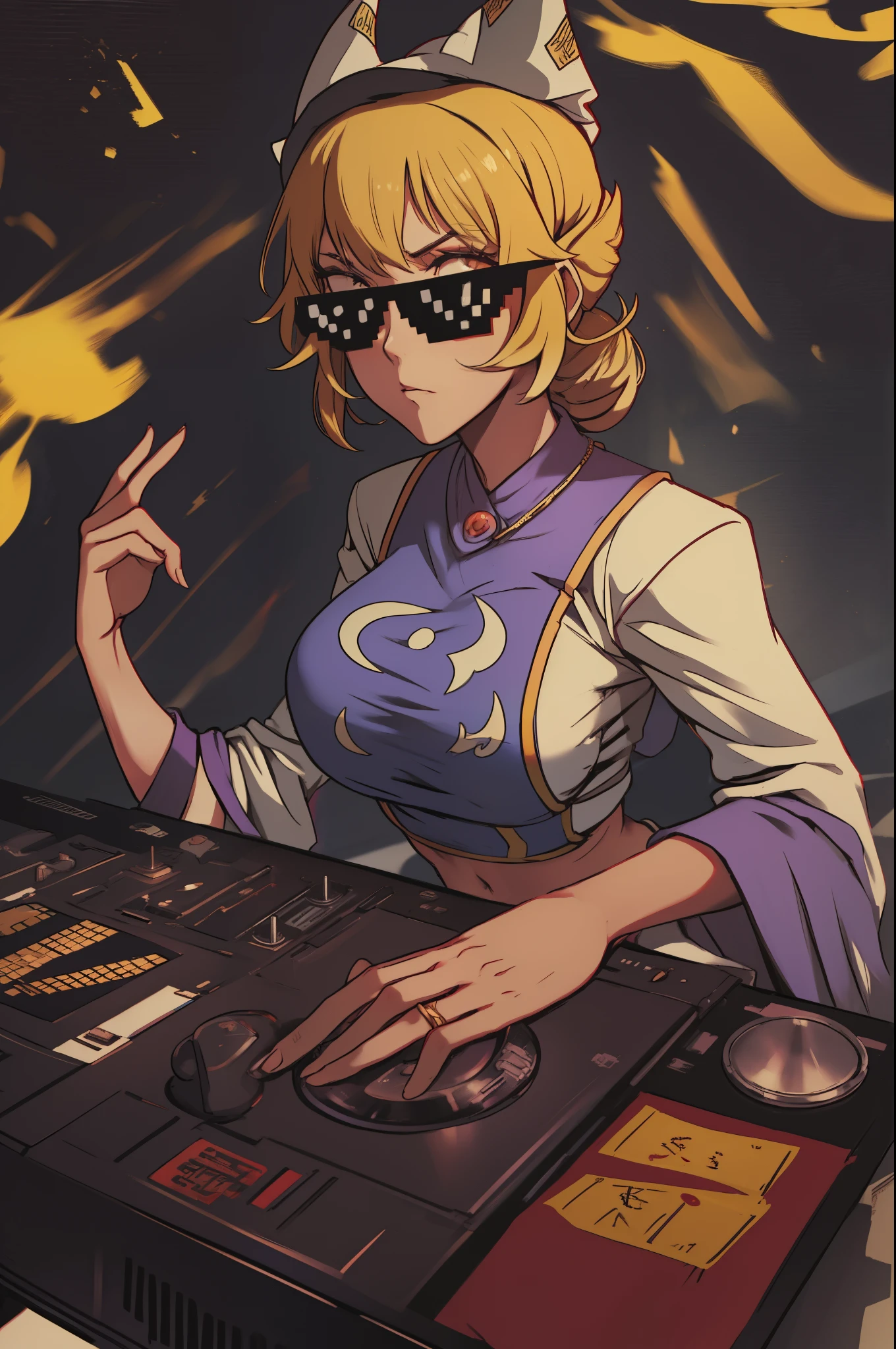 "A rap music video solo hip hop gangtsa shot featuring  yakumo ran dj djing on viynl decks with a slick sly expression in teh studio on a studio mic rapping showcasing her skill as a rapper.. rapping on studio mic badass on the mic spitting sick ass bars yo !" DealWithIt sunglasses