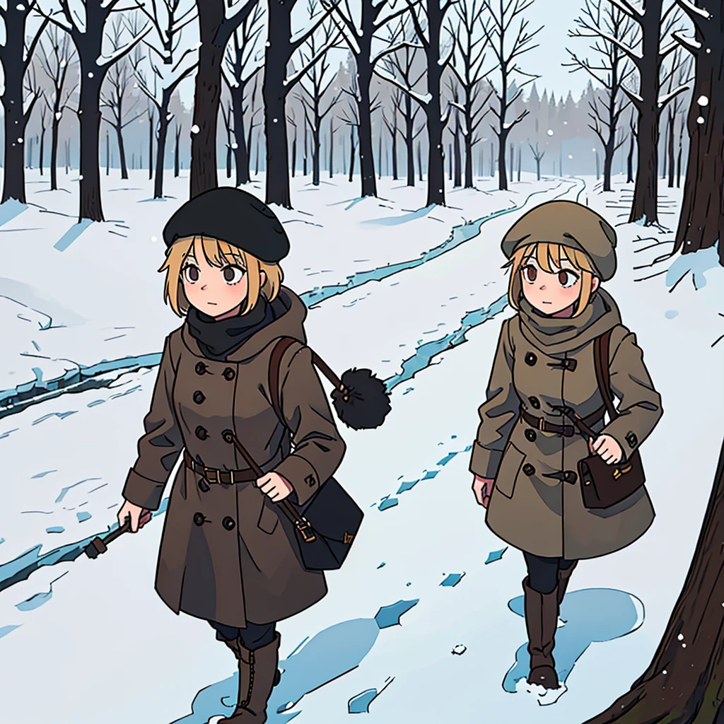 Young short finnish girl, short blonde hair, brown eyes, brown cross bag, long grey winter coat, long skirt, black winter boots, british beret hat, large winter forrest, snowing, traveling alone walking