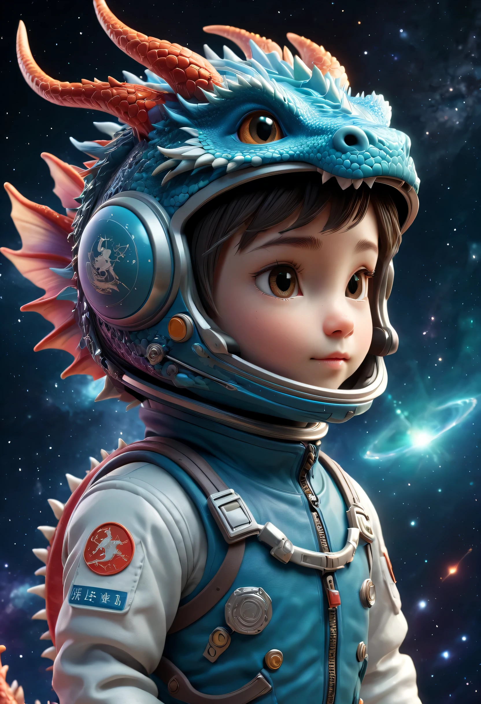 有一个Bring a helmet头盔的小生肖龙，（Bring a helmet），Cute 3d rendering，little astronaut looking up，，Zodiac space cadet portrait dragon，Cute 3d rendering of cartoon zodiac dragon，Cute and detailed digital art，zodiac dragon explorer，Mini cute zodiac dragon，stylized 3d render，3d rendered figure art 8k，lovely digital painting，Anime style 3D，Ultra-detailed rendering