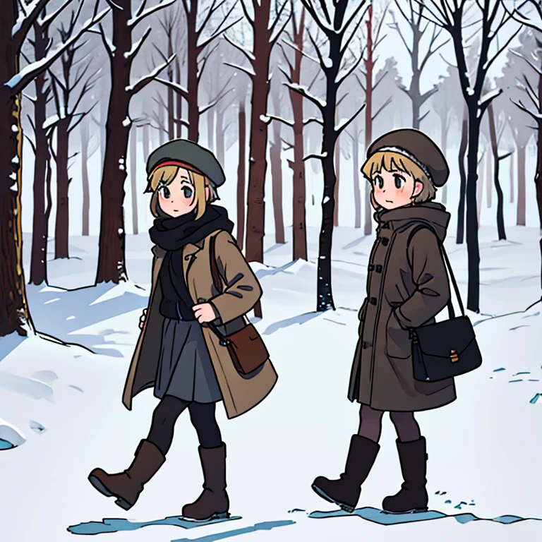 Young short finnish girl, short blonde hair, brown eyes, brown cross bag, long grey winter coat, long skirt, black winter boots, british beret hat, large winter forrest, snowing, traveling alone walking, one person only