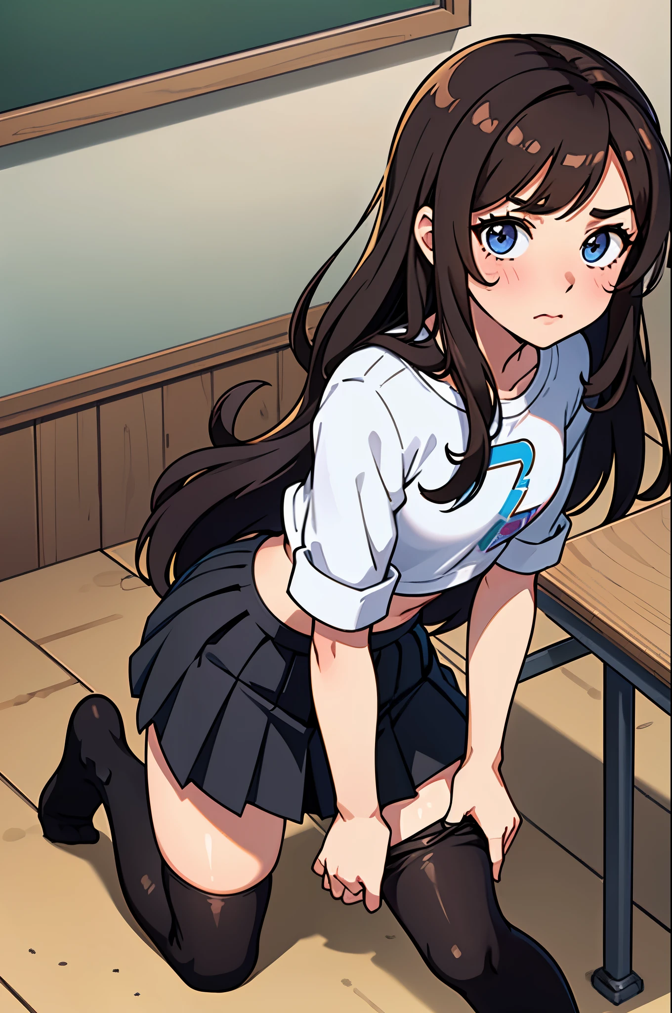 full body, barefoot, masterpiece, a beautiful schoolgirl, long hair, (fantasy library background), erotic photoshoot, bent over a desk, from behind, schoolgirl uniform, shackles on legs, cow bell on choker, happy face, looking to the viewer, big open eyes, blush