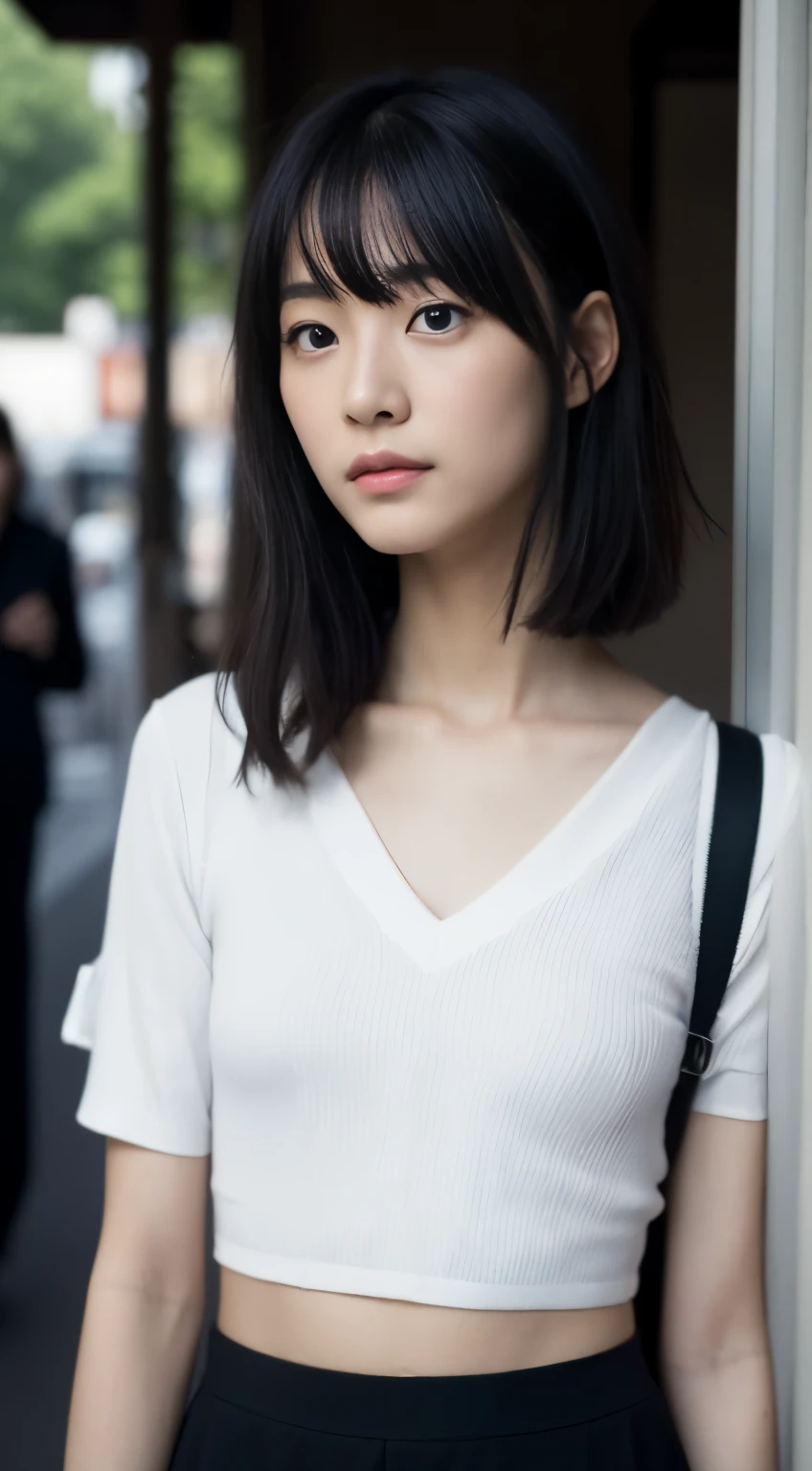 1 female，18year old，（Numeric Portrait：Mayu Yokota， Yuko Araki），黑The eye，Beautiful face，（Thin skeletal surface+The delicate face of），hyperdetailed face，（Delicate Japan makeup）， Black colored eyes，Microcurls for long hair，（Messy and layered， By bangs）， ssmile，Look into the camera，In fairness ，（Best skin type：1.21），（鎖骨：1.2），Slim fit suit for women，Short white shirt with V-neck，Short Hip Wrapping Skirt，Thin waist Long legs，the street，（（Hasselblad Photo Grapp）），Surreal Photography， physically-based renderingt，profetional lighting，exquisite detailing，详细的脸，The picture is pure，perfect hand，Perfect posture，Ultra-fine makeup，ultra-fine clothing material、Live-action、