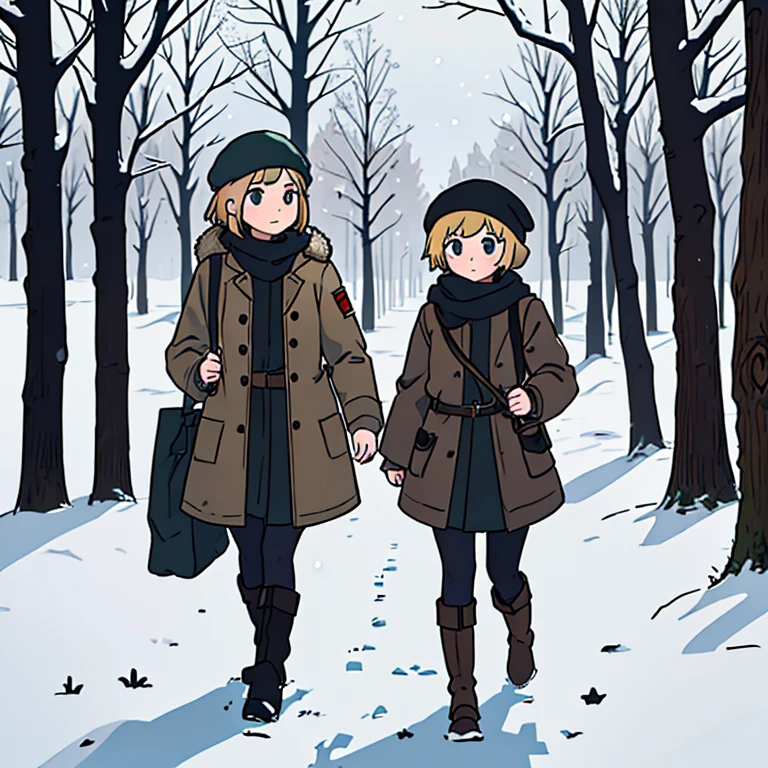 Young short finnish girl, short blonde hair, brown eye, brown cross bag, long grey winter coat, long skirt, black winter boot, british beret hat, large winter forrest, snowing, traveling alone walking, one person only