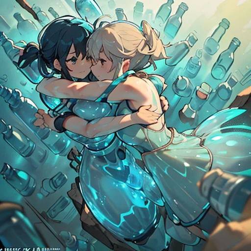 A girl made of liquid glass who serves an unstable floating bottle armor.、Amazing dynamism、Amazing Angle、Unstable buoyancy sandstorm、((((((Many friendly bottles closely fused and chased each other))))))、((((Hug eroding each other'jar of))))、