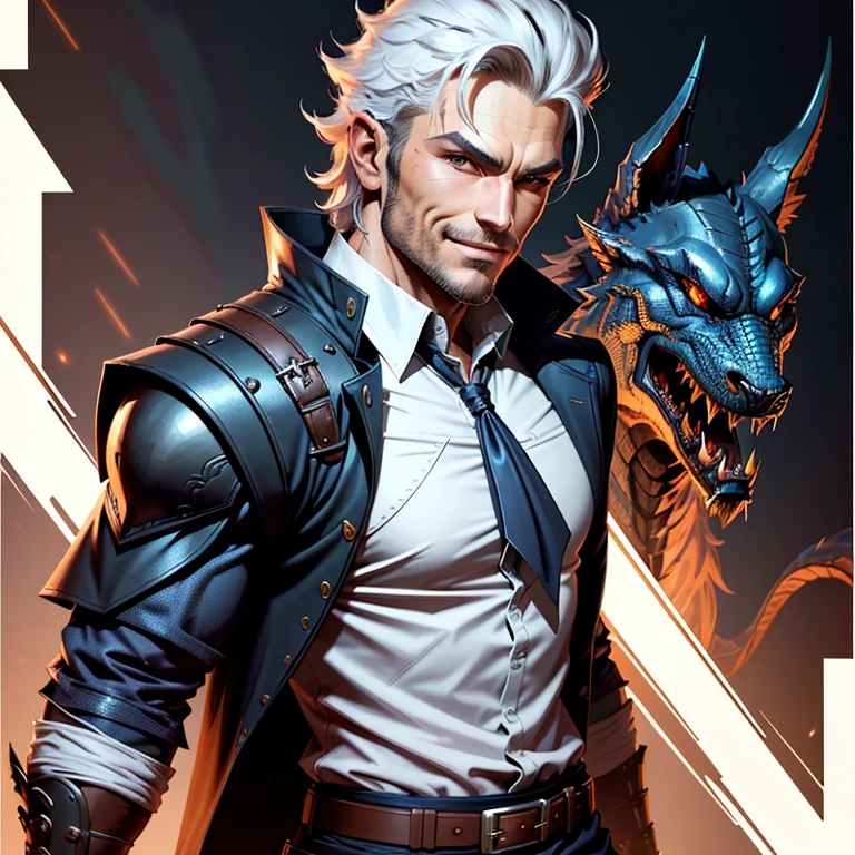 white backgrounid、 male villain portrait, dungeon&Handsome man with dragons art, rugged men, human rogue male, human male, casimir art, human maleのならず者, highly detailed exquisite fanart, fantasy art smug smile man, detailed character portrait、Wears a white shirt