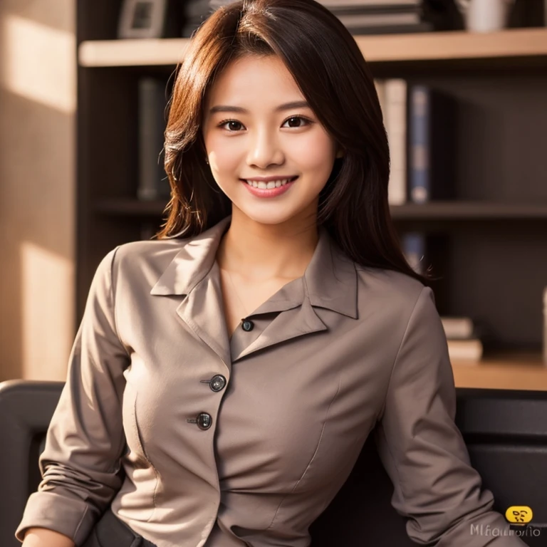 Innocent classy malay babe with a great smile, ((wearing tight buttoned shirt and black blazer)), sexy but subtle, 20 yo, professional secretary, slim figure, brown fluffy hair, medium large breast, professional lighting, portrait, midshot, full chest, highlight on hair, scenery