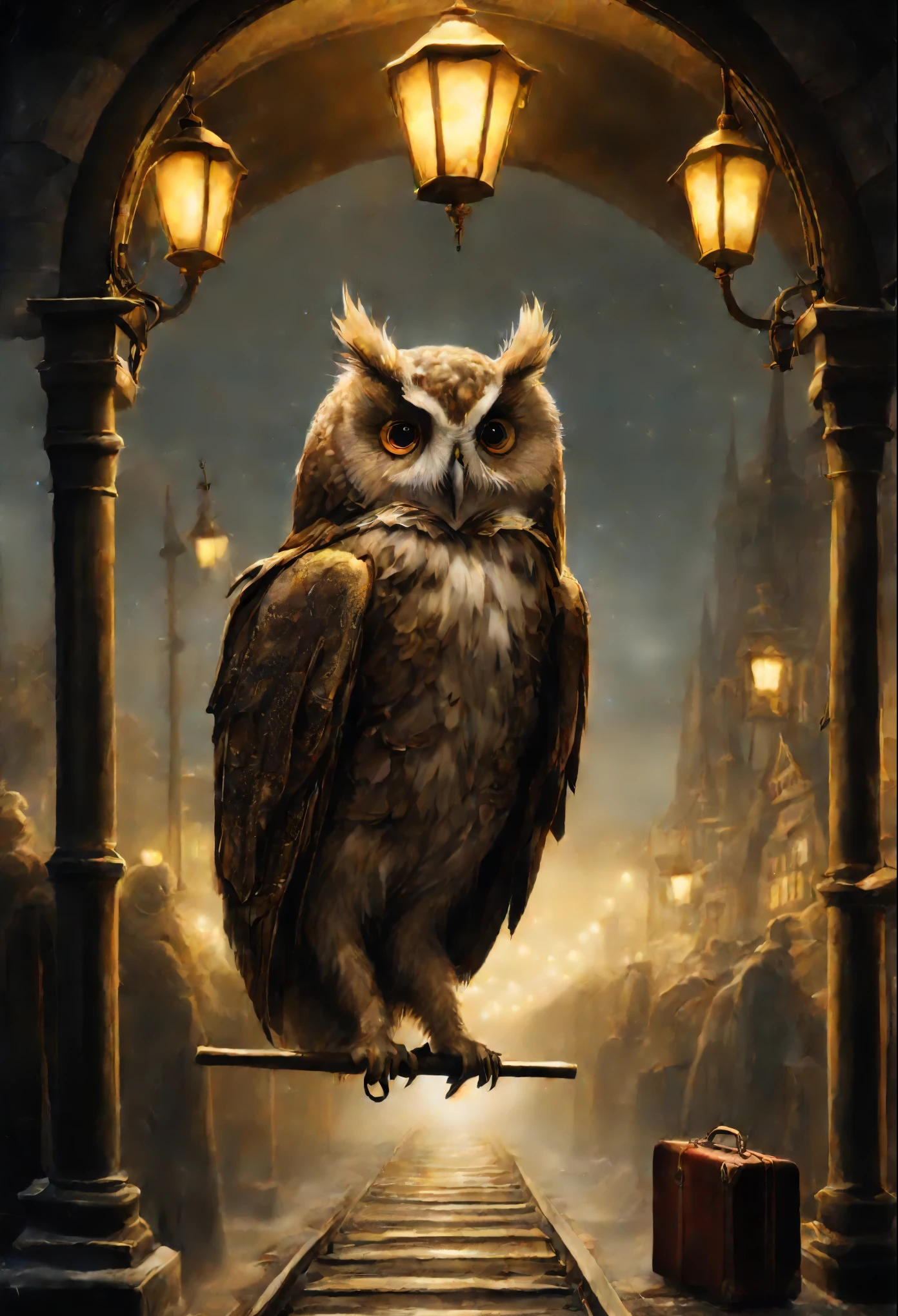 真实感, a painting, Fantastic tale, Christmas style, John Tolkien style, Small painting by Jean-Baptiste Monge, ,Anime style,Makoto Shinkai, Harry did his best to, so as not to panic. According to the big vocal clock, he had ten minutes left to do so, to take the train to Hogwarts, but he had no idea, how can he do this. He stood in the middle of the platform with a huge suitcase, which could hardly be lifted off the ground, with pockets, full of magic money, and with a cage, where the big owl sat ,New Year's decorations.((scary decoration))(((tmasterpiece))), ((The best quality at its best)), ((intricate detials)), ((hyper realisitc))(8K), Jean-Baptiste Monge, anthropomorphic --ar 2:3 --testp -optimistic; Straight hair