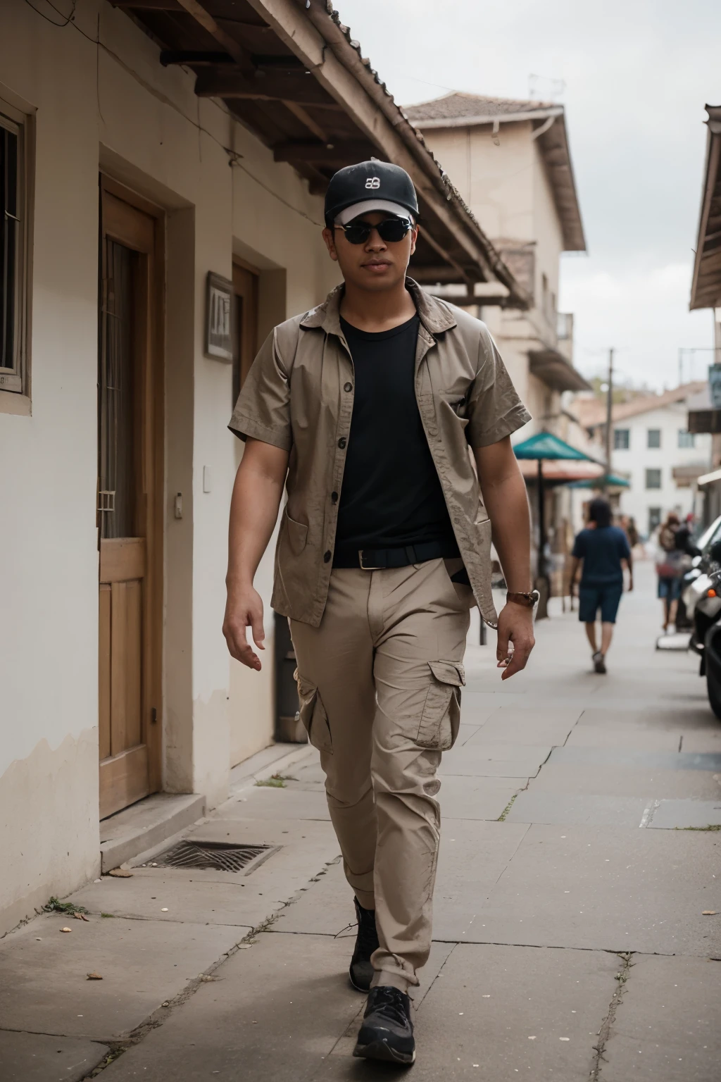 Super realistic, Full body Malay man in his 38, wearing a t shirt shown "JEEB", a cap, a sling bag, wearing an outer shirt, wearing sunglasses and a cargo pants, in modest casual attire, adventurous, mysterious, vivid colours, vibrant tones, image should be in "golden ratio composition", walking in a rustic town. sharpen image, walking (blowed by wind) in rustic town facing toward camera. Background: rustic town
