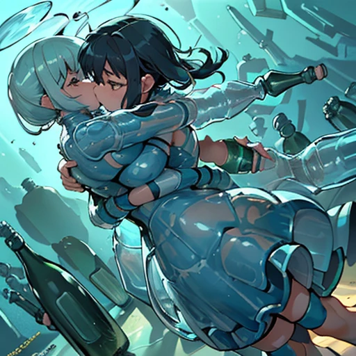 A liquid glass girl who serves an extremely unstable anti-gravity bottle armor.、Amazing dynamism、Amazing Angle、Unstable buoyancy sandstorm、((((((Many friendly bottles closely fused and chased each other))))))、((((Hug eroding each other'jar of))))、