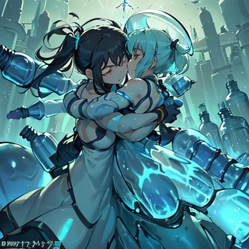 A liquid glass girl who serves an extremely unstable anti-gravity bottle armor.、Amazing dynamism、Amazing Angle、Unstable buoyancy sandstorm、((((((Many friendly bottles closely fused and chased each other))))))、((((eroding and tickling each other&#39;jar of))))、