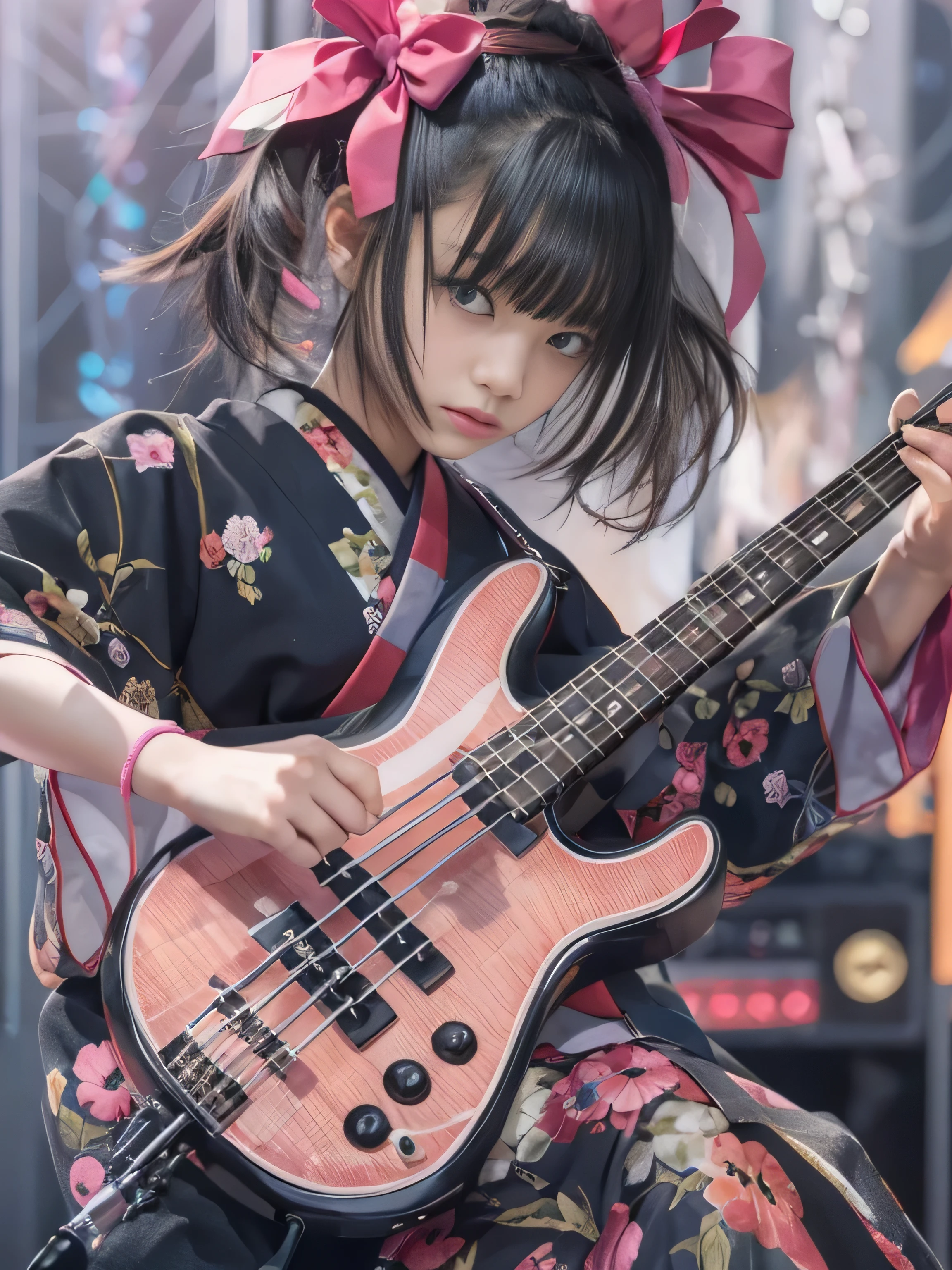 15 year old woman, Hair Ribbon、(Play the electric bass, 4 strings), Dark theme, Muted colors, High contrast, (Tuttos skin texture, Hyper-Realism, Soft light, sharp), japanese kimono、Live Stage Background、