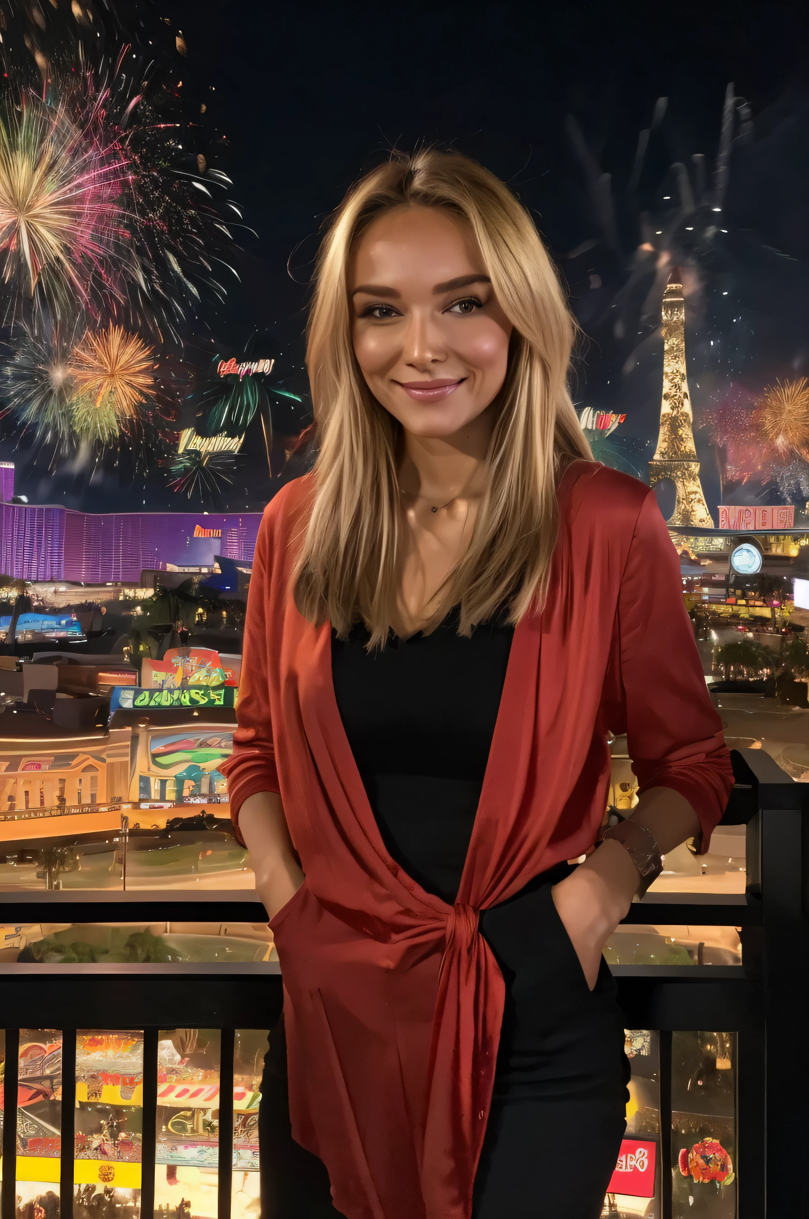 Eine junge Frau, 20 Jahre alt, Ihr Vater stammt aus Asien, ihre Mutter aus Deutschland, ((she is wearing sehr teures, Sweets, modernes und elegantes outfit)), zarte Emotion,((( bunte Silvesternacht with fireworks in LAS Vegas))), There is a big party in Las Vegas with lots of colorful people, Lots of colorful fireworks in the air, Leichtigkeit und Verspieltheit, Dissolve images, She is slim and has slightly tanned skin, (Ihr Haar ist mittellang dunkelblond), Ihre Augen sind blau, She has a charming smile and is small, Cute dimples, natural realistic, harsh light, polaroid picture, analog cam.