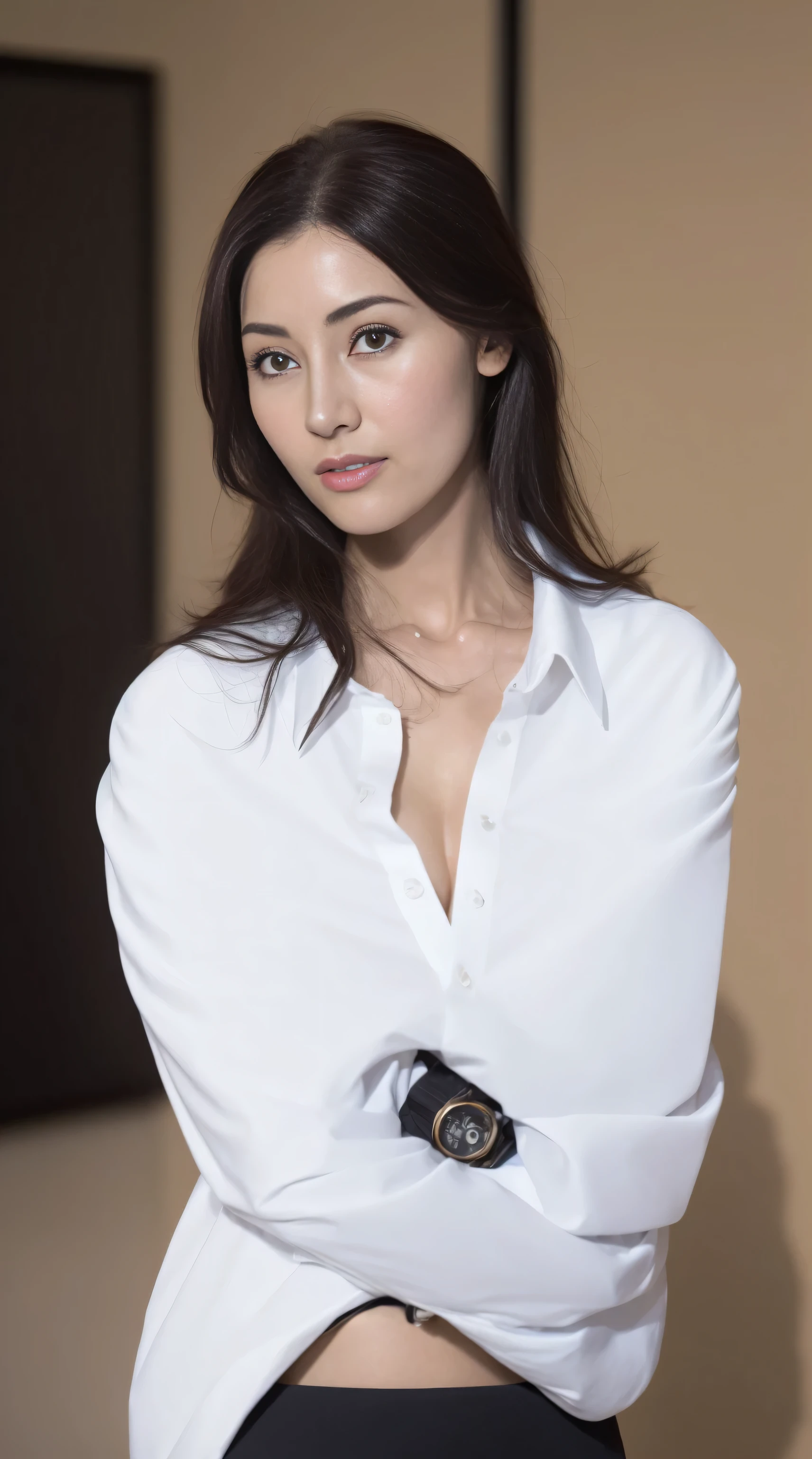 ((Best quality at best,8K,tmasterpiece:1.3)),Clear focus:1.2,one pretty woman,perfect body figure:1.4,Slim abs:1.2,(dark brown hair,:1.2)),(White button-down long shirt:1.1),the city street:1.2,Highly Detailed Face and Skin Textur,fully body photo:1.4,詳細な目,二重まぶた,Huge big breasts(round form,Thoroughly exposed),black micro skirt,black pantyhoses,high-heels。